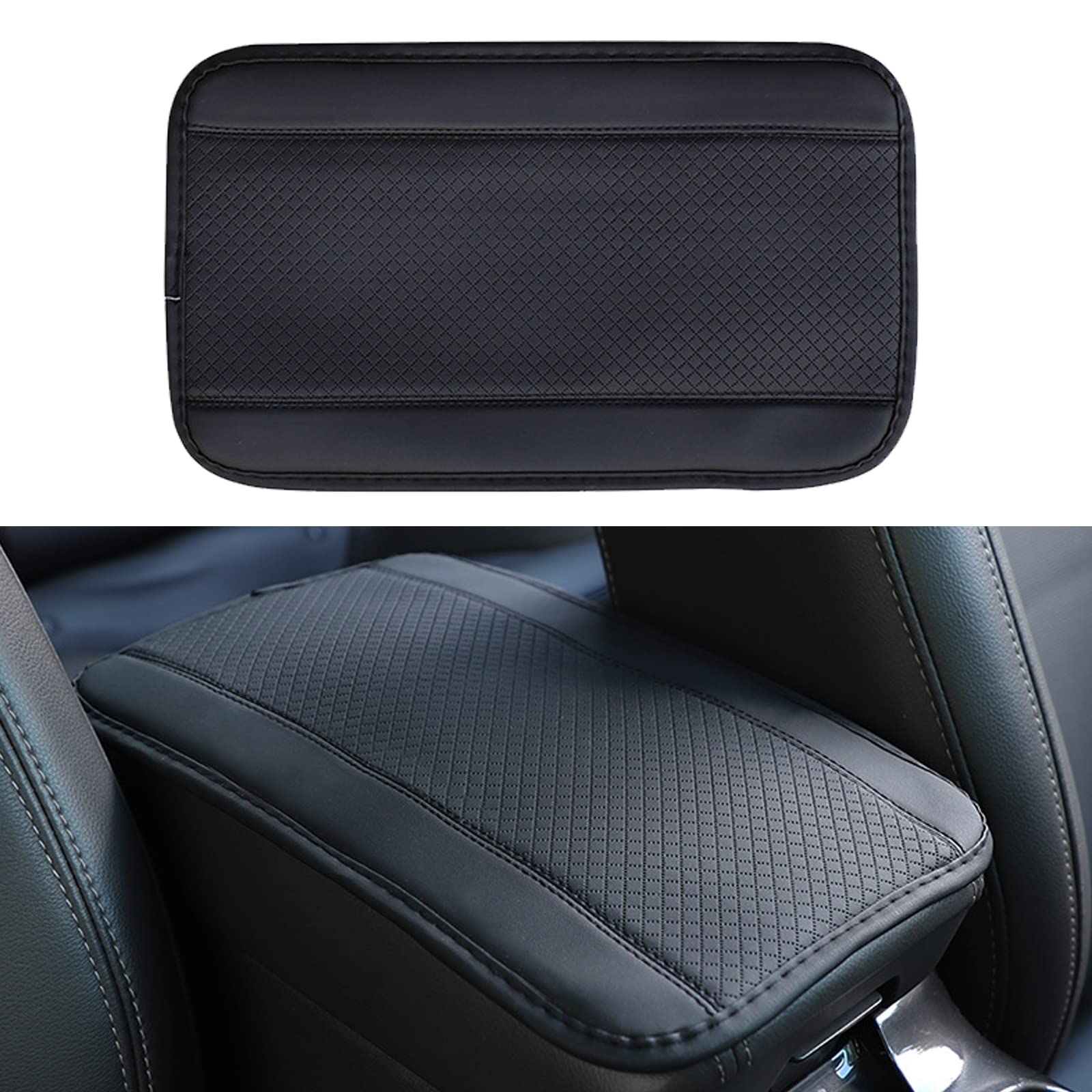 Miytsya Four Seasons Universal Armrest Box Mat, Fiber Leather Embossing, Waterproof Armrest Cover Center Console Mat Fit For Most Car, Suvs, Truck (Black)