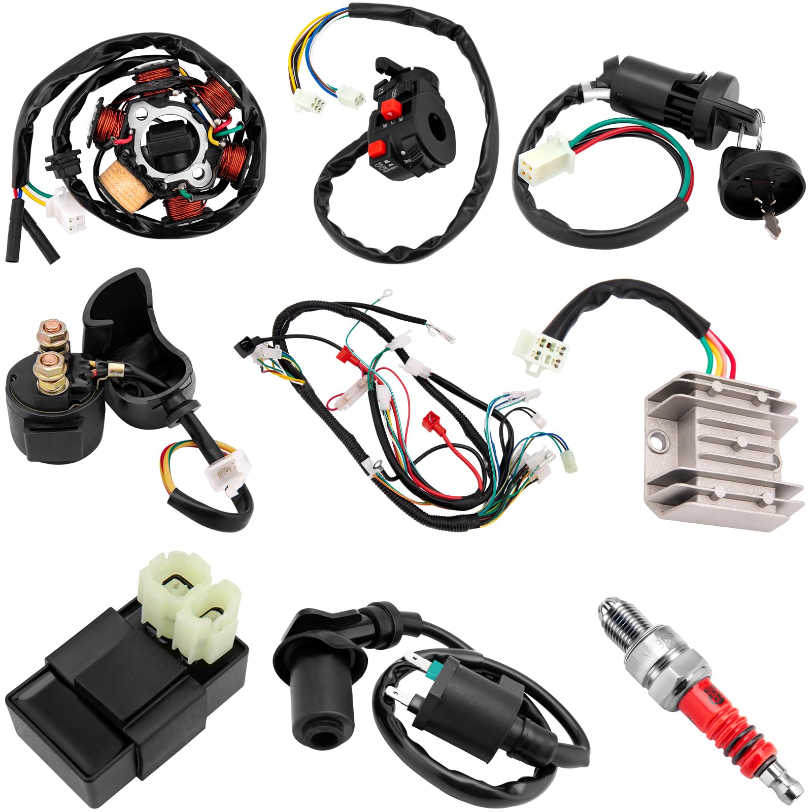 HOOTO Complete Wiring Harness Kit for ATV Quad 50cc-125cc, Black - Includes Stator, CDI, Solenoid, Relay, Spark Plug, Lead