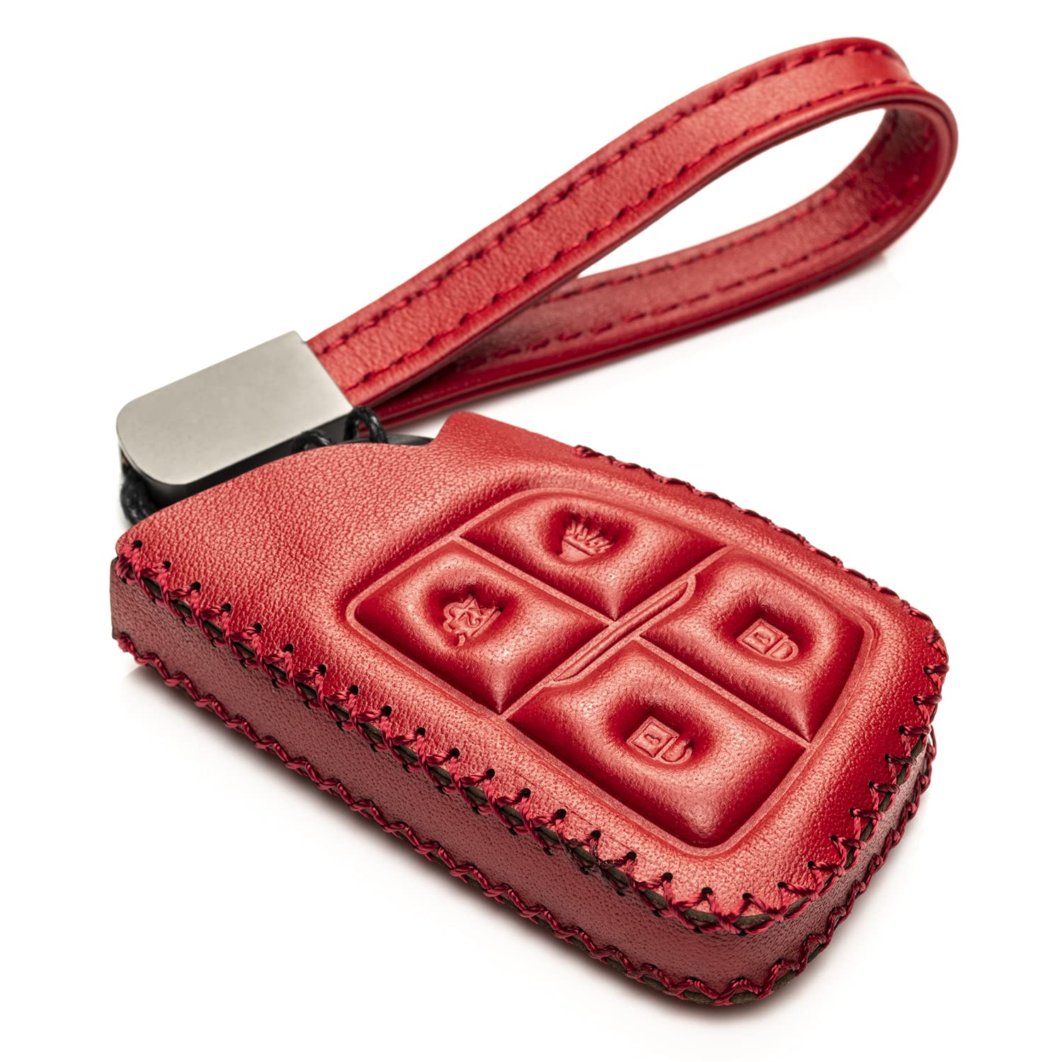 Vitodeco Genuine Leather Smart Key Fob Case With Leather Key Strap Compatible With Chevrolet Suburban 2024, Chevrolet Tahoe 2024, Chevrolet Silverado 2024 (4-Button, Red)