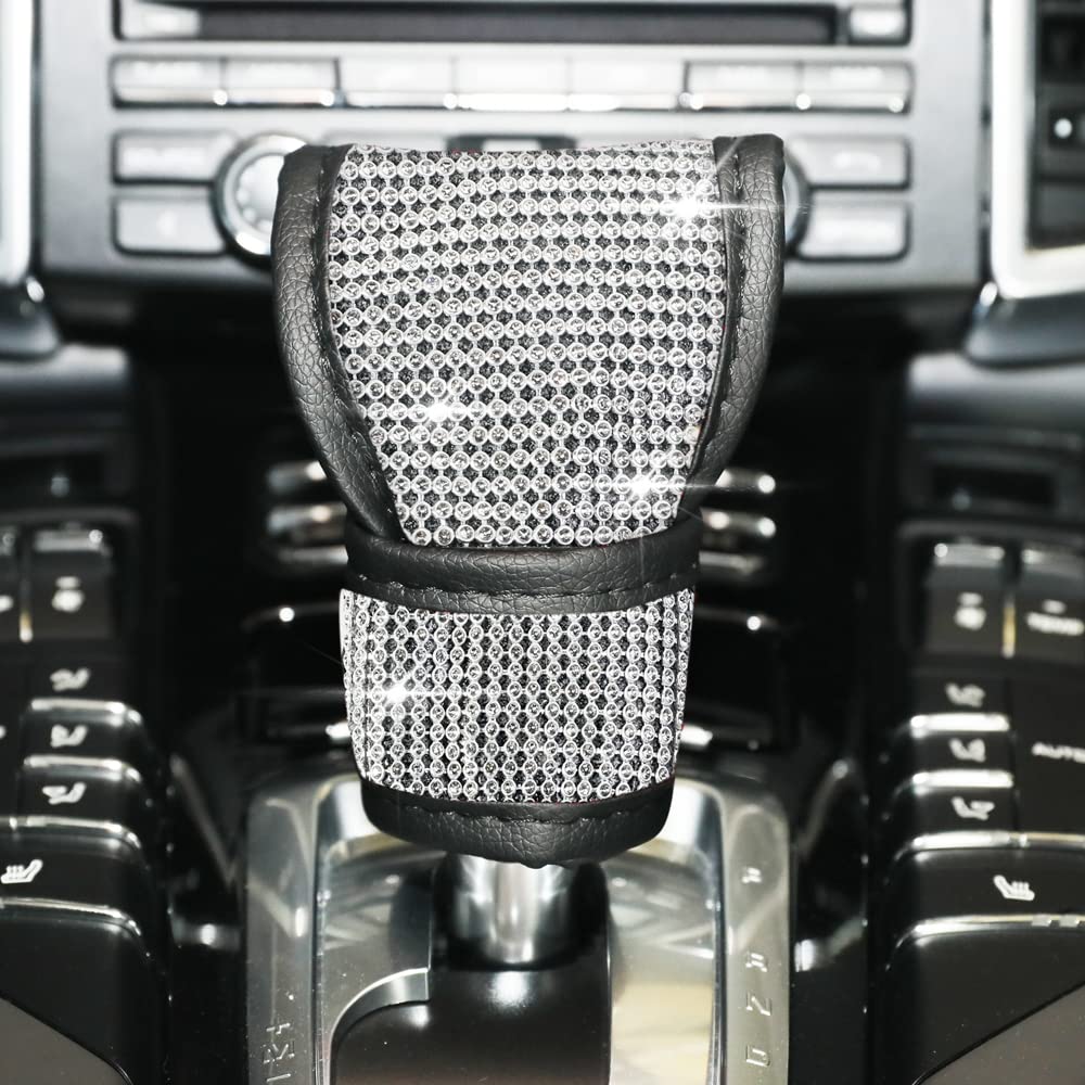 Vargtr Bling Bling Auto Gear Shift Knob Cover,Auto Shift Gear Cover With Crystal Glitter Bling Rhinestones,Car Knob Gear Stick Protector,Universal Vehicle Decoration Accessories (White)