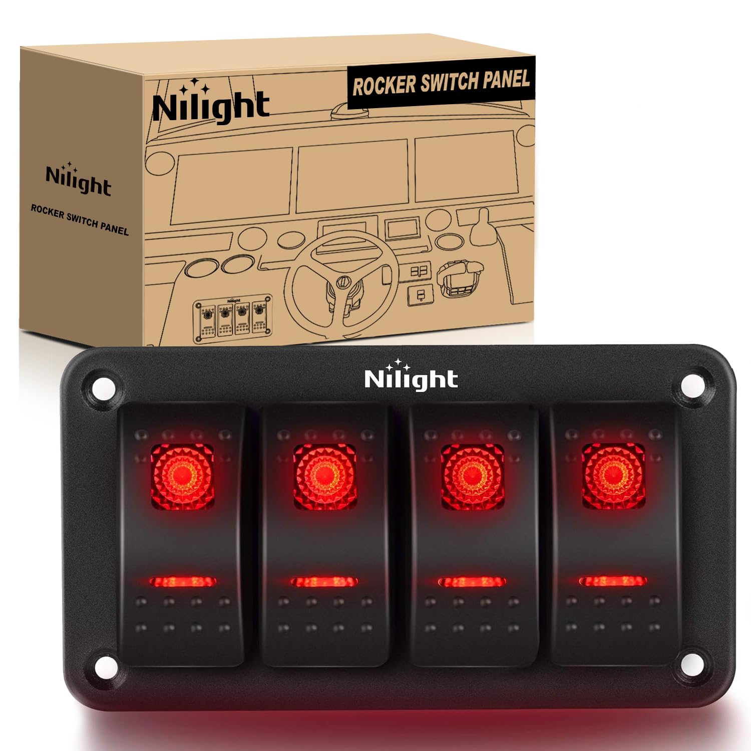 Nilight 4 Gang Rocker Switch Panel 5Pin On Off Toggle Switch Aluminum Holder 12V 24V Dash Pre-Wired Red Backlit Switches For Automotive Cars Marine Boats Rvs Truck, 2 Years Warranty