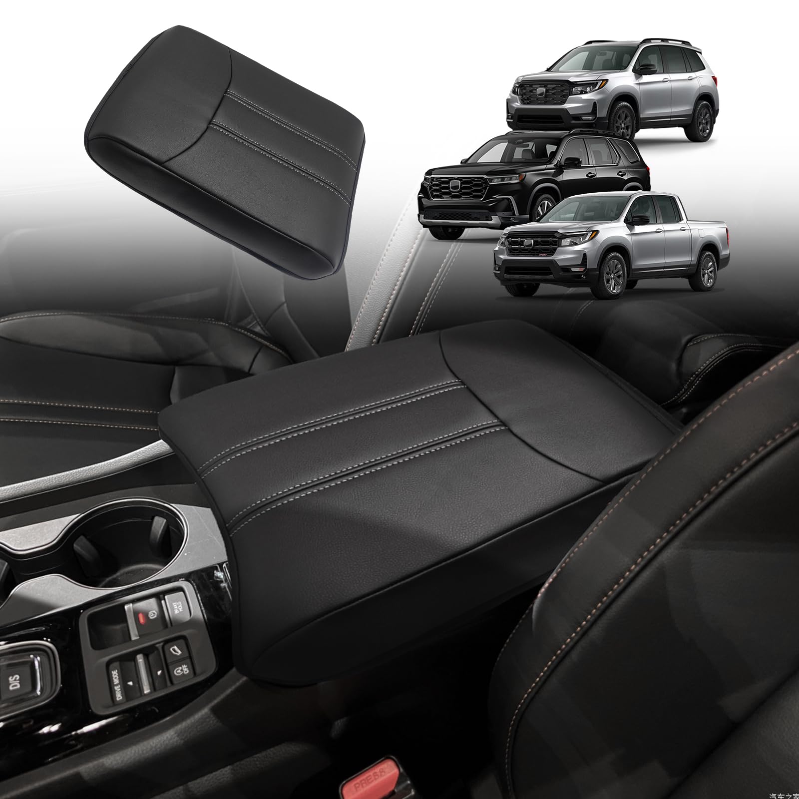 Muslogy Center Console Cover for Honda Pilot 2023-2025, Ridgeline/Passport, Vegan Leather, Extra Soft, Black/White Trim, Regular Thick