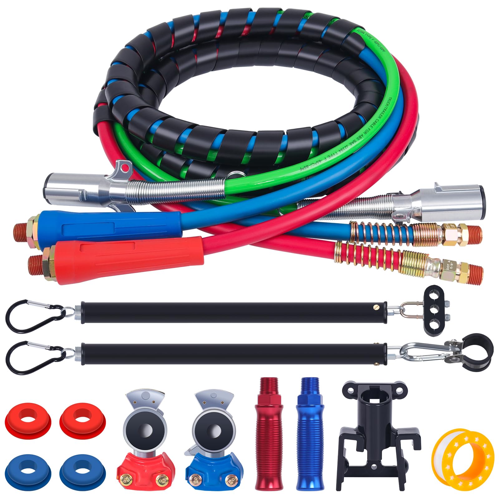 Cheemuii 12 Ft Semi Truck Air Lines Kit With 2 Pcs 16' Single Tender Spring Kit Gladhands With Gladhand Holder And Handles 3In1 Red & Blue Air Hoses Abs Electric Power Line Kit For Truck Trailer