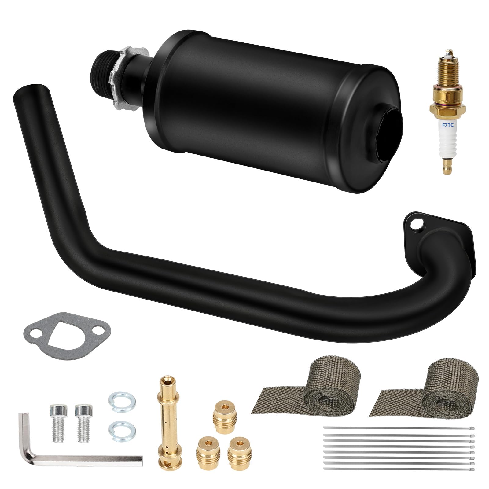 Hiaors Racing Exhaust Pipe Muffler Main Jet Kit For Predator 212Cc 196Cc 224Cc 6.5Hp Coleman Ct200U Bt200X Ct200U-Ex Mini Bike Kt196 Go Kart Baja Warrior Mb165 Mb200 Performance Parts With Heat Shield