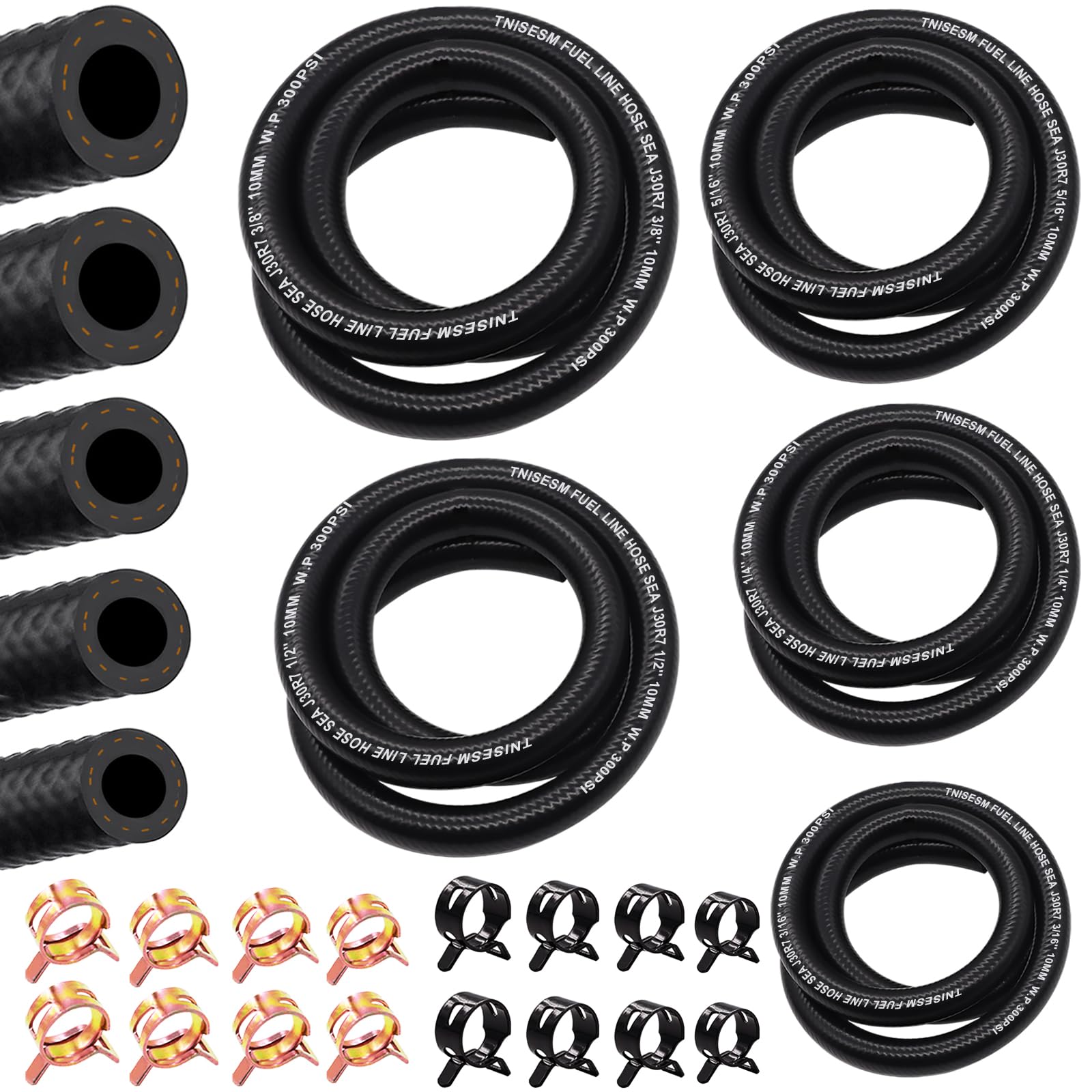 Tnisesm 5 Size Fuel Line Hose - 3/8' 1/2' 5/16' 1/4' 3/16' Id Nbr Rubber 3.3Ft With 20Pcs Clamps For Small Engines Kawasaki Ezgo Golf Cart Snowmobile Motorcycle Atv Tractor