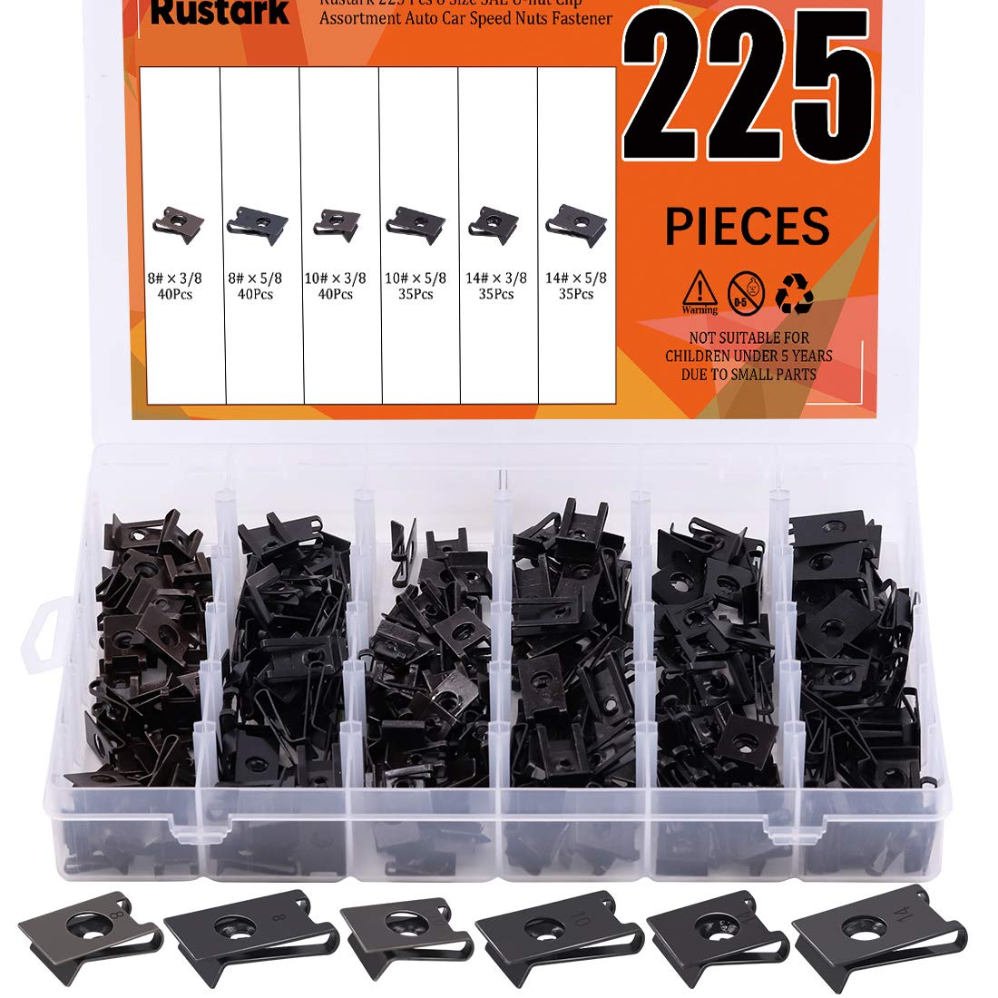 Rustark 225 Pcs 6 Size Sae U-Nut Clip Assortment Auto Car Speed Nuts Fastener With Store Box For Dash Door Panel Interior