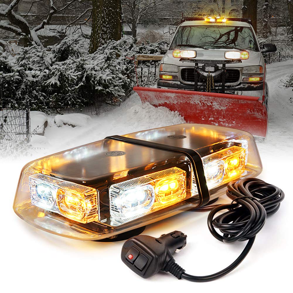 Xprite 36 Led Rooftop Strobe Beacon Mini Bar Lights 16 Flashing Modes Warning Hazard Light W/Magnetic Base For Emergency Vehicles Trucks Snow Plow Construction Cars Bus - White Mix Amber