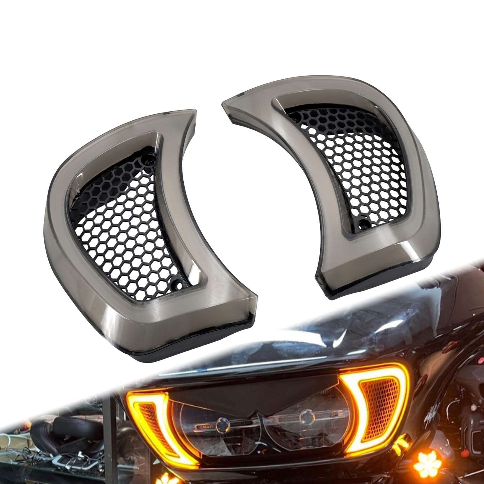 Hcmotorku Motorcycle Led Headlight Vent Accents Turn Signal Light Running Light Fit For Harley Touring Road Gilde 2015-2023 (Smoke)