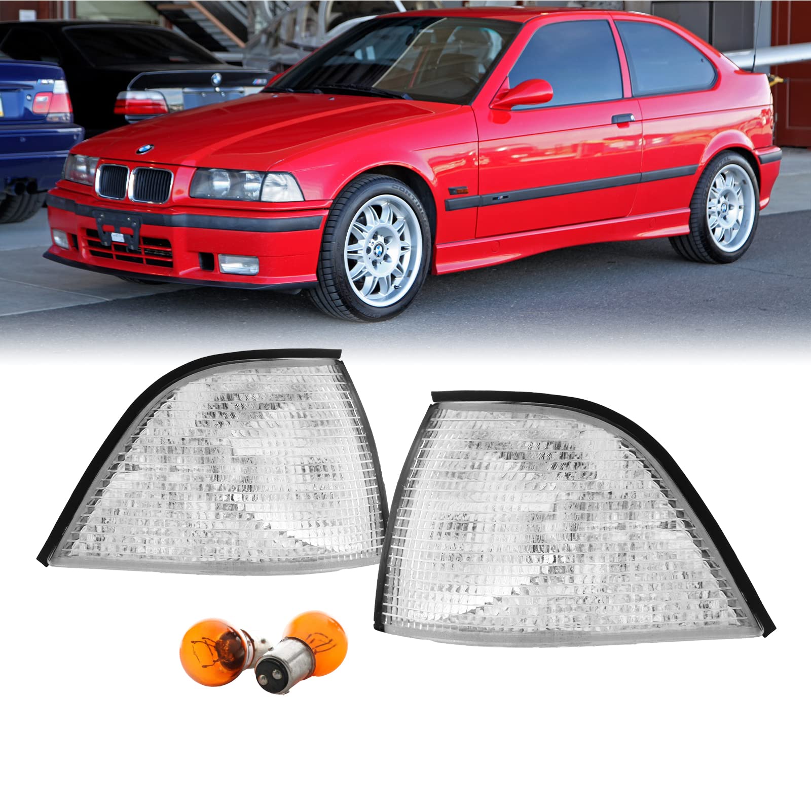 Depo E36 4D Corner Lights - Euro Cornering Turn Signal Lamps Set (Left + Right) Compatible With 1992-1998 Bmw E36 4 Doors Sedan Including M3 (Clear With 2 Amber Bulbs)