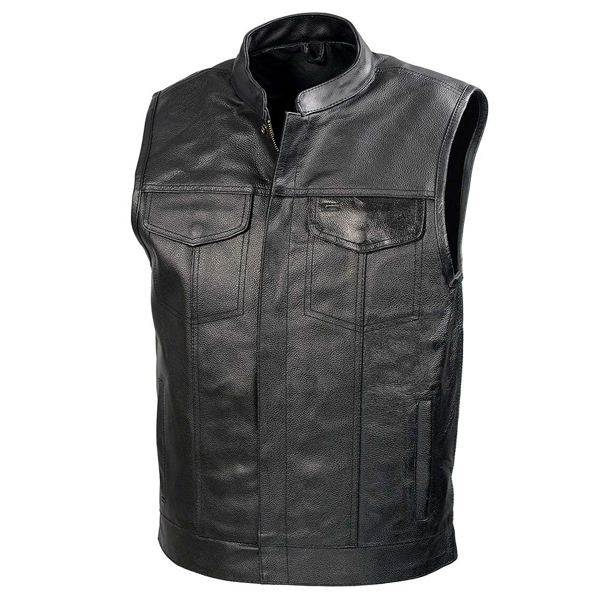 Soa Mens Leather Club Style Vest W/Gun Pockets, Leather Biker Vest (Black, M)