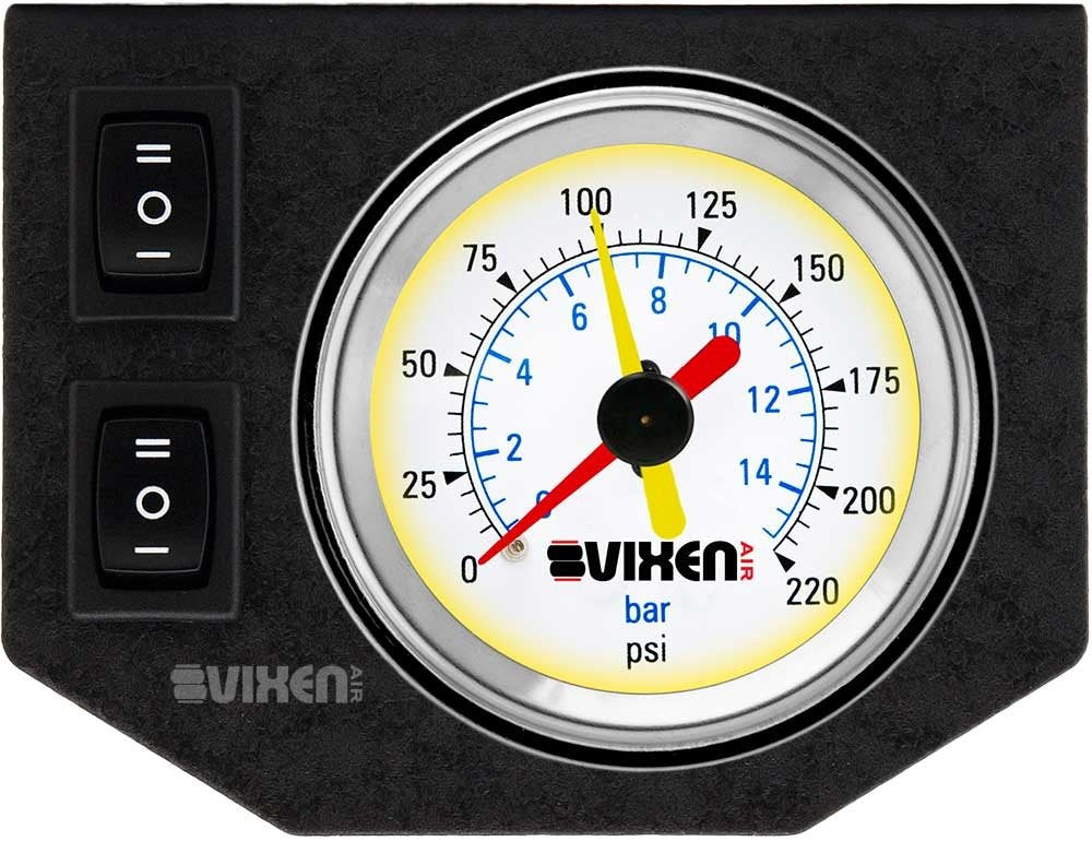Vixen Air One 2' Dual Needle Air Pressure White Gauge With Two Momentary Switches And Metal Dash Panel Kit Vxf1Gp2Rkw