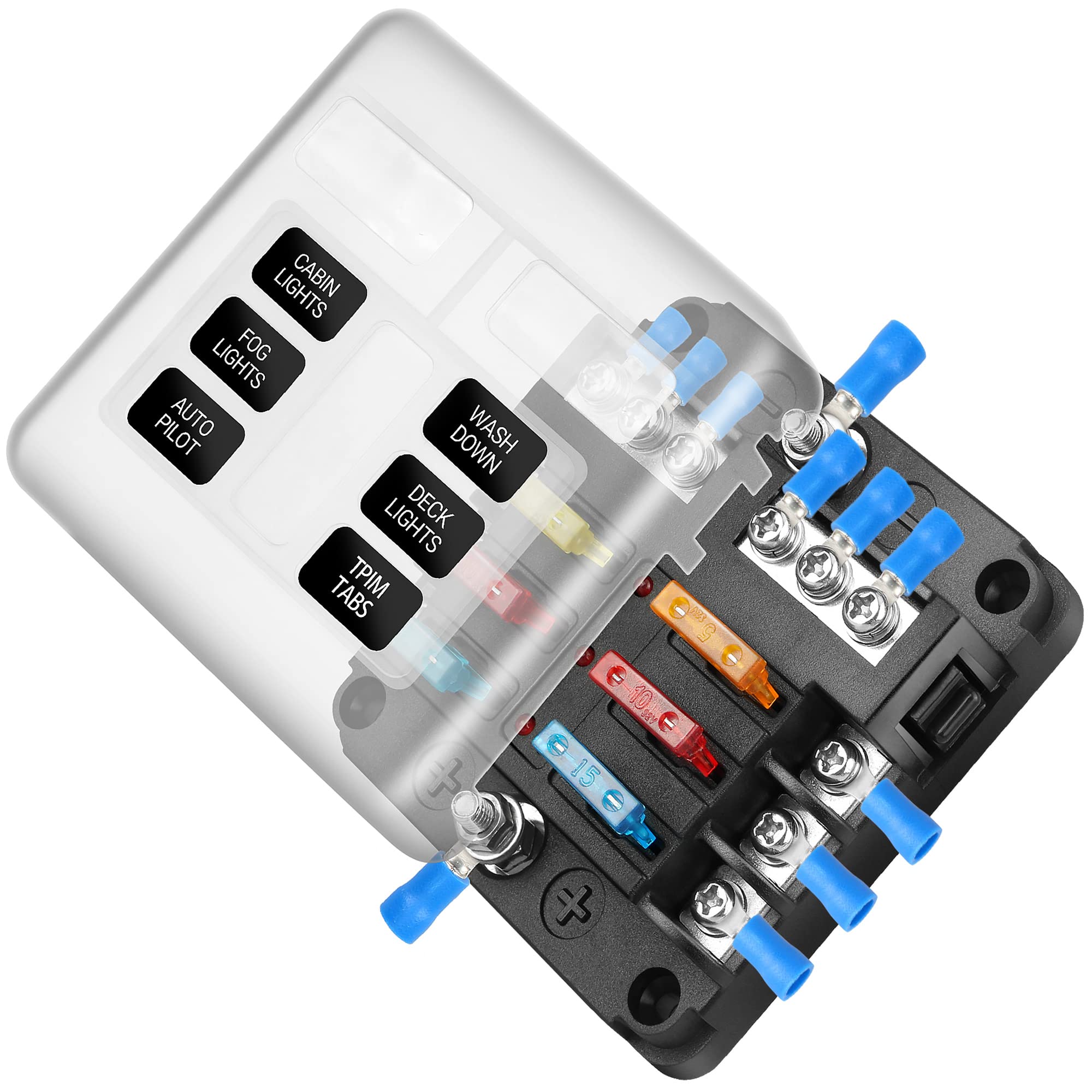12V Fuse Block 6 Circuit Fuse Box Kit With Damp-Proof Fuse Panel Led Warning Indicator For Marine Automotive Motorcycle Rv Truck Dc 12-24V(12Pcs Fuses And Terminals Included)