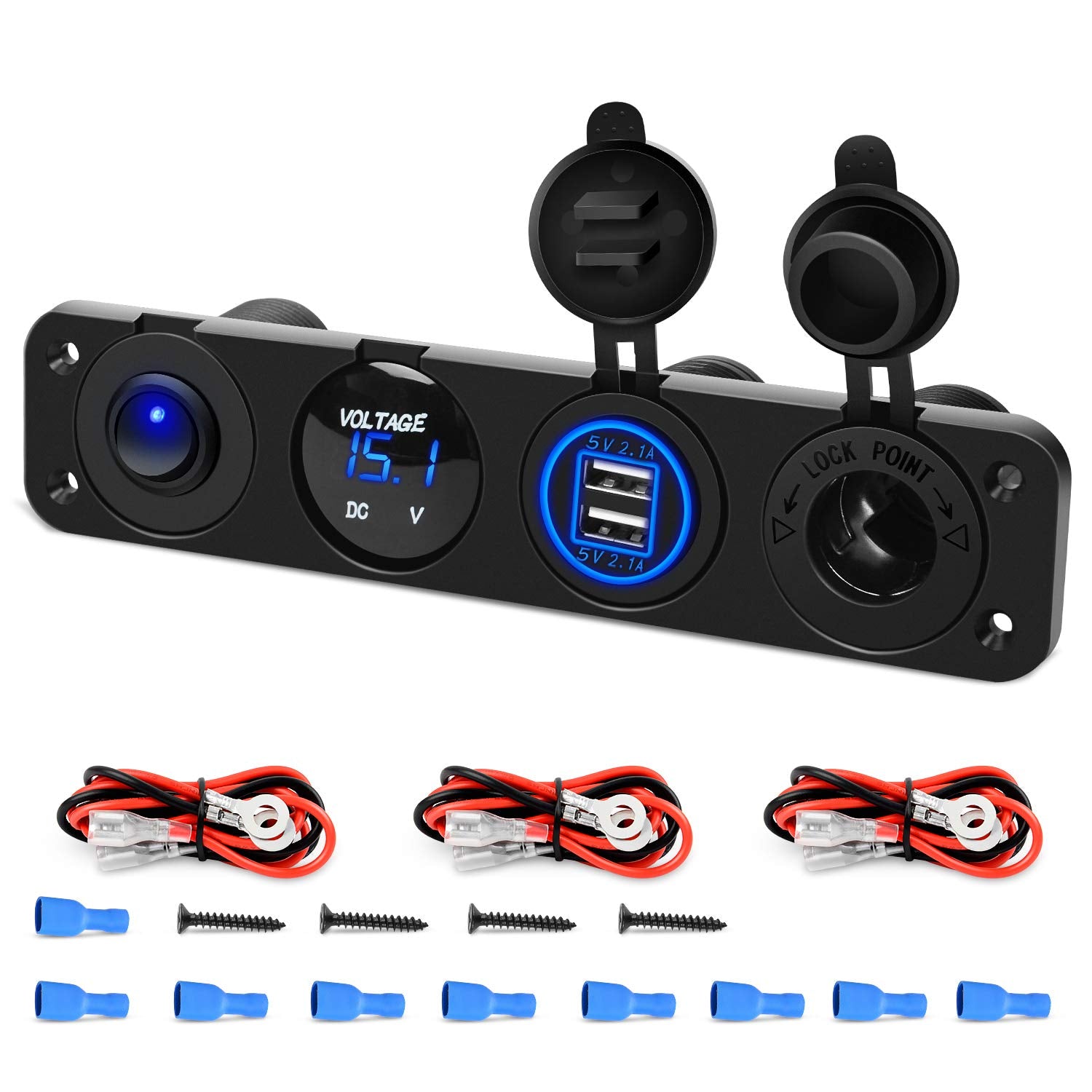 Nilight 4 In 1 On/Off Charger Socket Panel Dual Usb Socket Power Outlet & Led Voltmeter &Cigarette Lighter Socket& Led Lighted On Off Rocker Toggle Switch For Truck Car Marine Boats Rv,2 Yeas Warranty