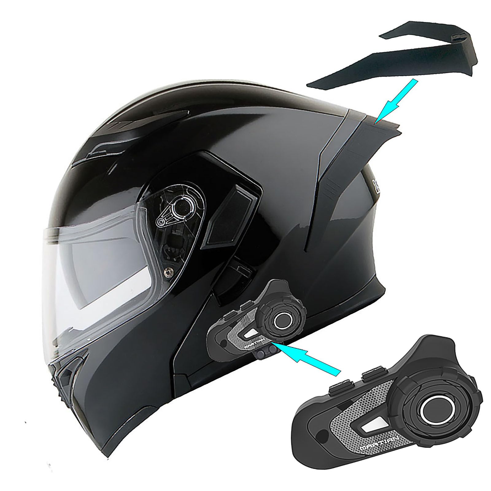 1Storm Motorcycle Modular Full Face Flip Up Dual Visor Helmet + Spoiler Bundle With Freedconn Motorcycle Bluetooth Headset: Hb89 Glossy Black