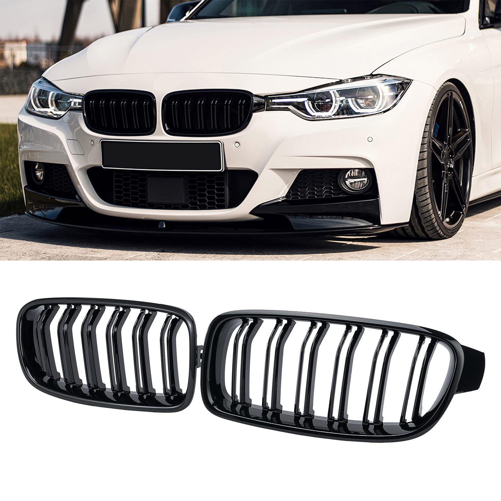 DEKEWEI F30 Grill for 2012-2018 BMW 3 Series, Gloss Black Double Slats Front Kidney Grille, 2pcs, Stylish Upgrade
