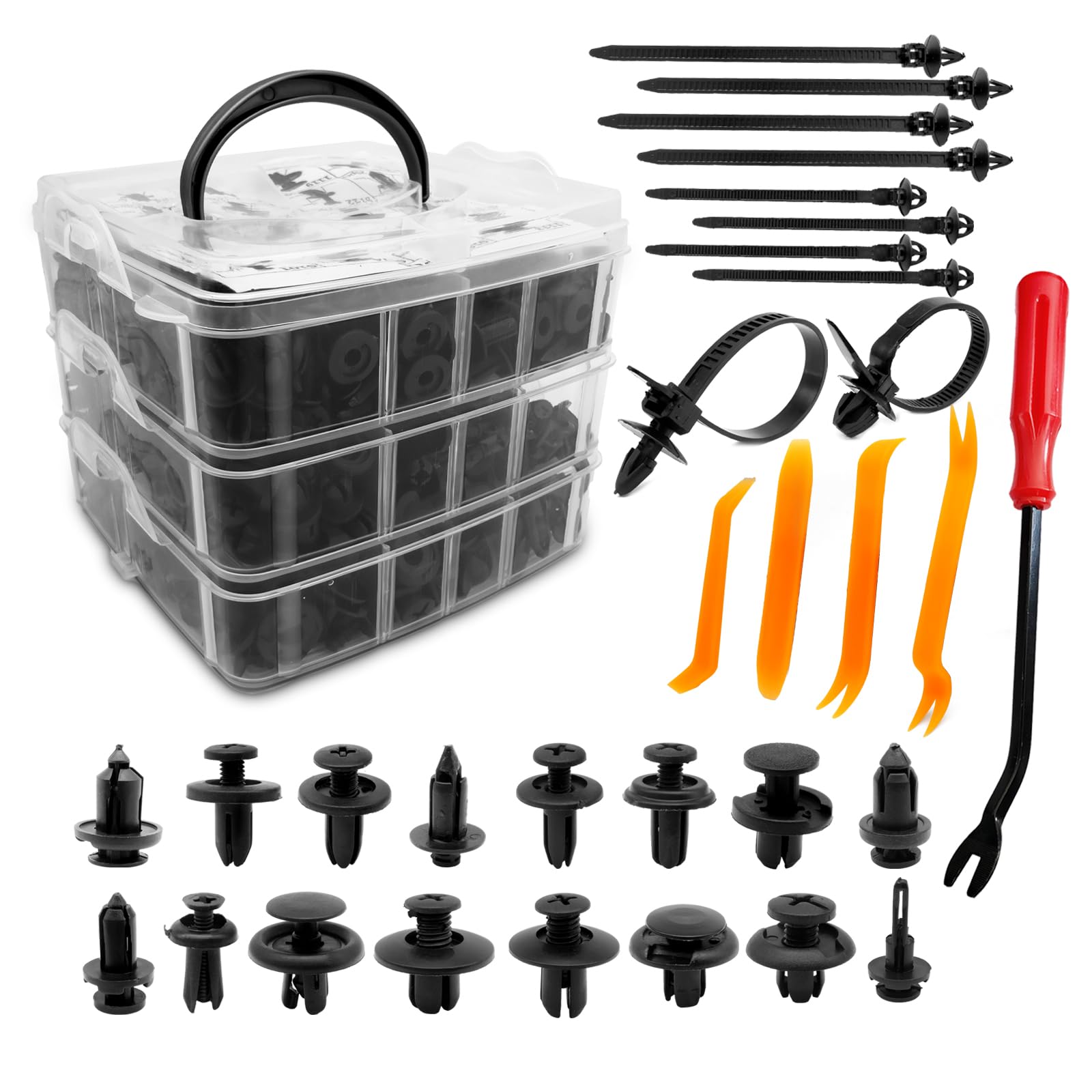 635Pcs Auto Fasteners Car Push Retainer Clips Nylon Bumper Fender Rivets, 16 Most Popular Sizes With 10 Cable Ties Fasteners And Fasteners Remover Compatible With Toyota Gm Ford Honda Acura Chrysler