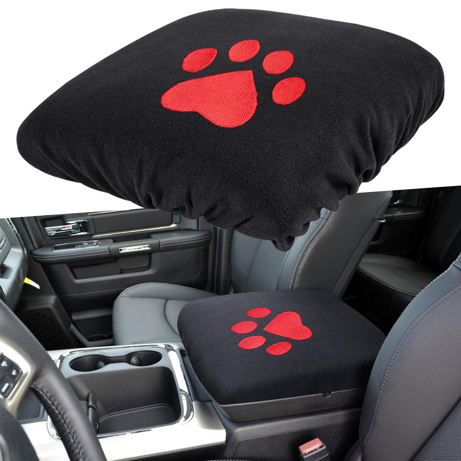 Center Console Armrest Pad Cover For Dodge Ram 1500 2500 3500 4500 5500 Pickup Trucks 1993-2020 Black Soft Car Armrest Protector Cushion All Seasons (Red Dog Paw)
