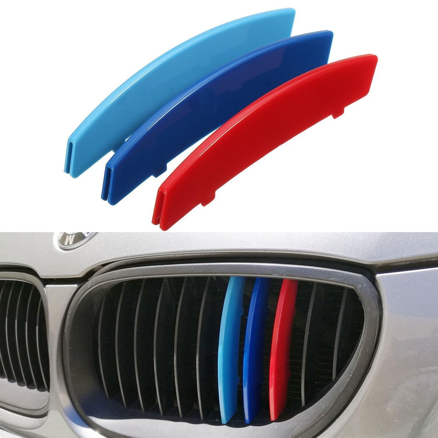 Xotic Tech M-Colored Tri Grille Insert Trims Strips, Front Center Kidney Grilles Compatible With Bmw 5 Series E60 525I 528I 530I 535I 540I 545I 550I M5 2004-2010 (11 Beam Bars)
