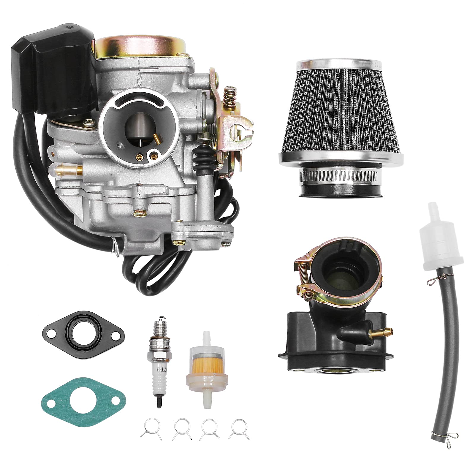 Gy6 50Cc Carburetor Pd18J Carb 18Mm Compatible With 4 Stroke 49Cc 50Cc 80Cc 139Qmb 139Qma Moped Engine For Taotao Kymco Scooter With Fuel Filter Spark Plug Intake Manifold