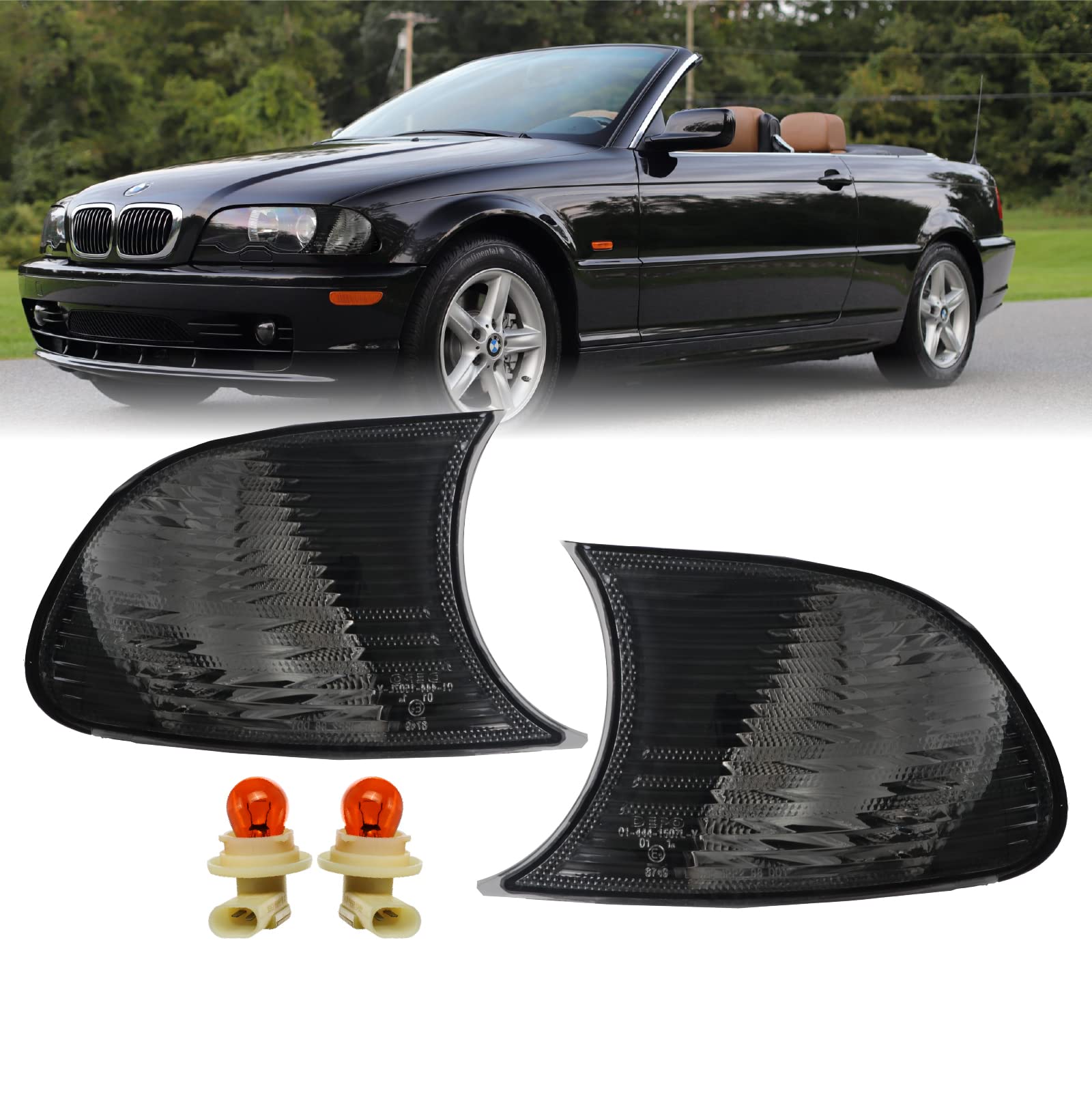 Depo E46 2D Cornering Lights - Euro Smoke Screw-On Corner Turn Signal Lamps (Left + Right) Compatible With 2002-2003 Bmw E46 3 Series 2 Doors Coupe/Convertible / 02-06 M3 (Smoked Lens, 2 Amber Bulb)