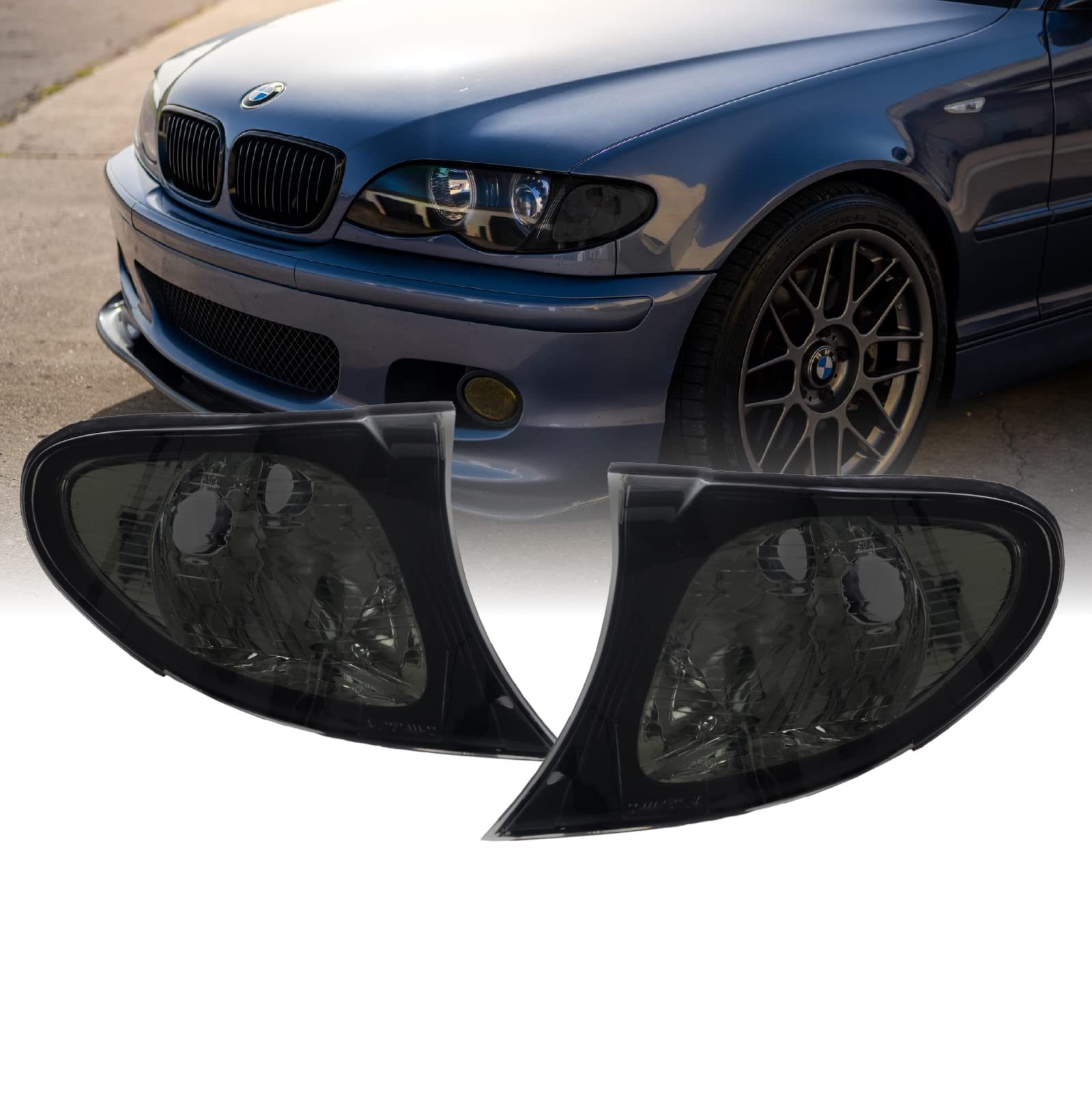 Depo 02-05 E46 4D Cornering Lights - Oe Euro Smoke Corner Turn Signal Lamps Set (Left + Right) Compatible With 2002-2005 Bmw E46 3 Series 4 Doors Sedan And 5 Doors Wagon (Smoked Lens)
