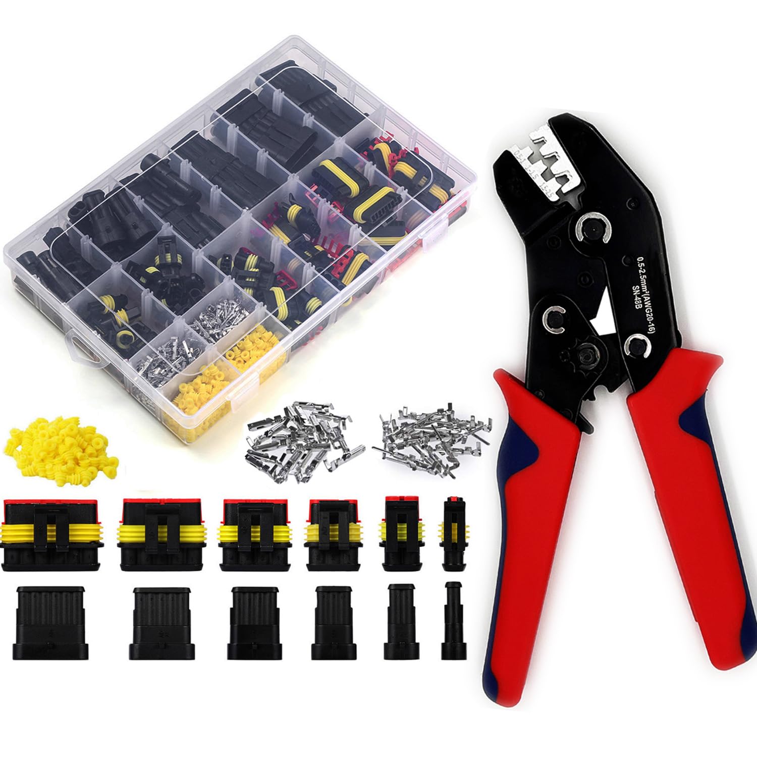 Twippo 800Pcs 50 Sets Waterproof Automotive Electrical Connectors Electrical Wire Connectors Plug Kit 1/2/3/4/5/6 Pin Waterproof Connectors With Ratchet Crimping Tool
