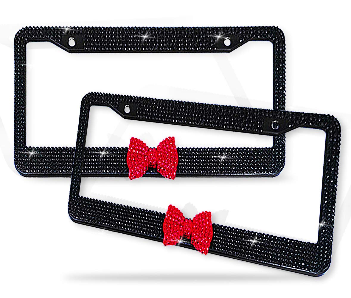 Zento Deals Shiny Bling Women License Plate Frame- Crystal Blackrhinestones With Red Ribbon Bow- 2-Pack Premium Quality License Plate Cover With Mounting Screws (C-Red Bow)