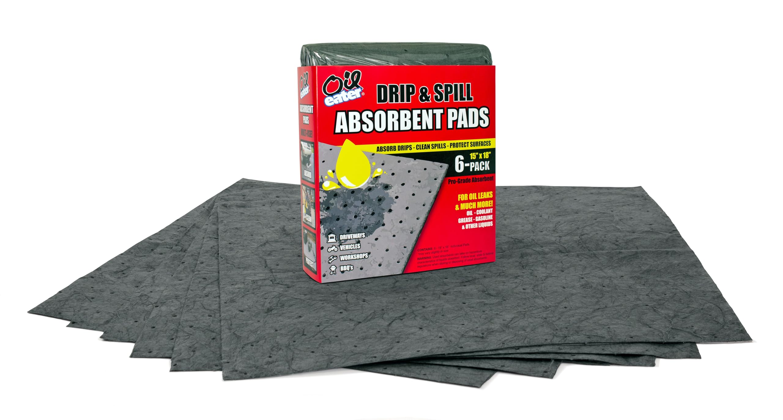 Oil Eater Drip & Spill Universal Pads - Absorbs Liquids | Soaks Oil, Grease, Coolant And Water-Based Fluids - Car, Truck, Rv, Motorcycle And Tools - 6 Pack,Grey,15' X 18',Aoa-Bpl006-Grey