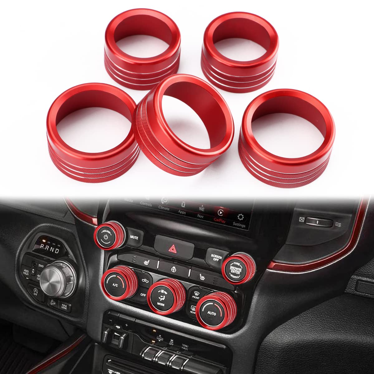 Auovo Ac Knob Cover For Ram 2019 2020 2021 2022 Accessories Air Condition Switch Volume Tune Switch Knob Ring Cover 5Pcs Trim(Red)