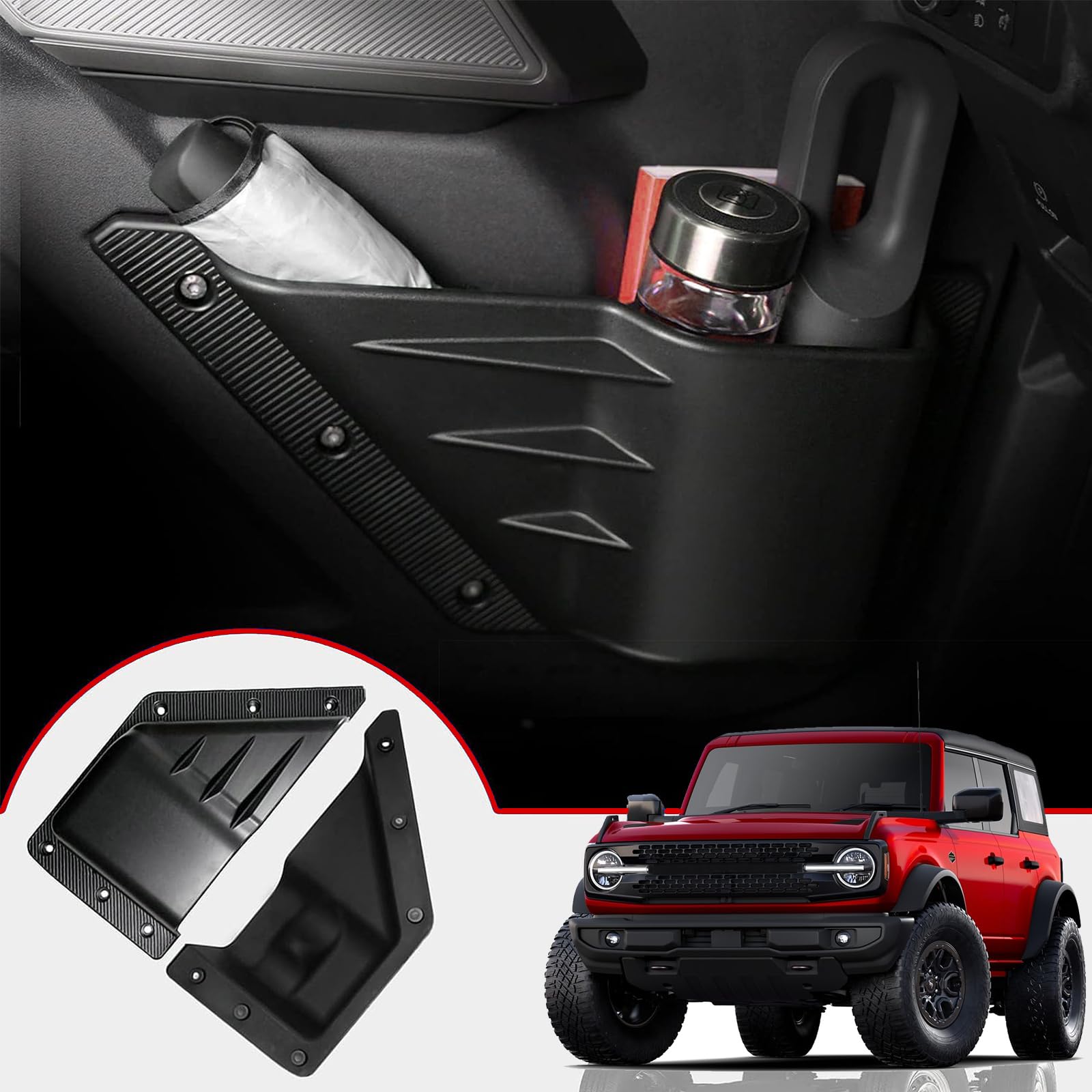Mabett Front Door Storage Pockets For Ford Bronco Accessories 2021 2022 2023 2024, Side Door Organizer Box Fit Bronco 2/4-Door, Insert Cup Holder(2Pcs)