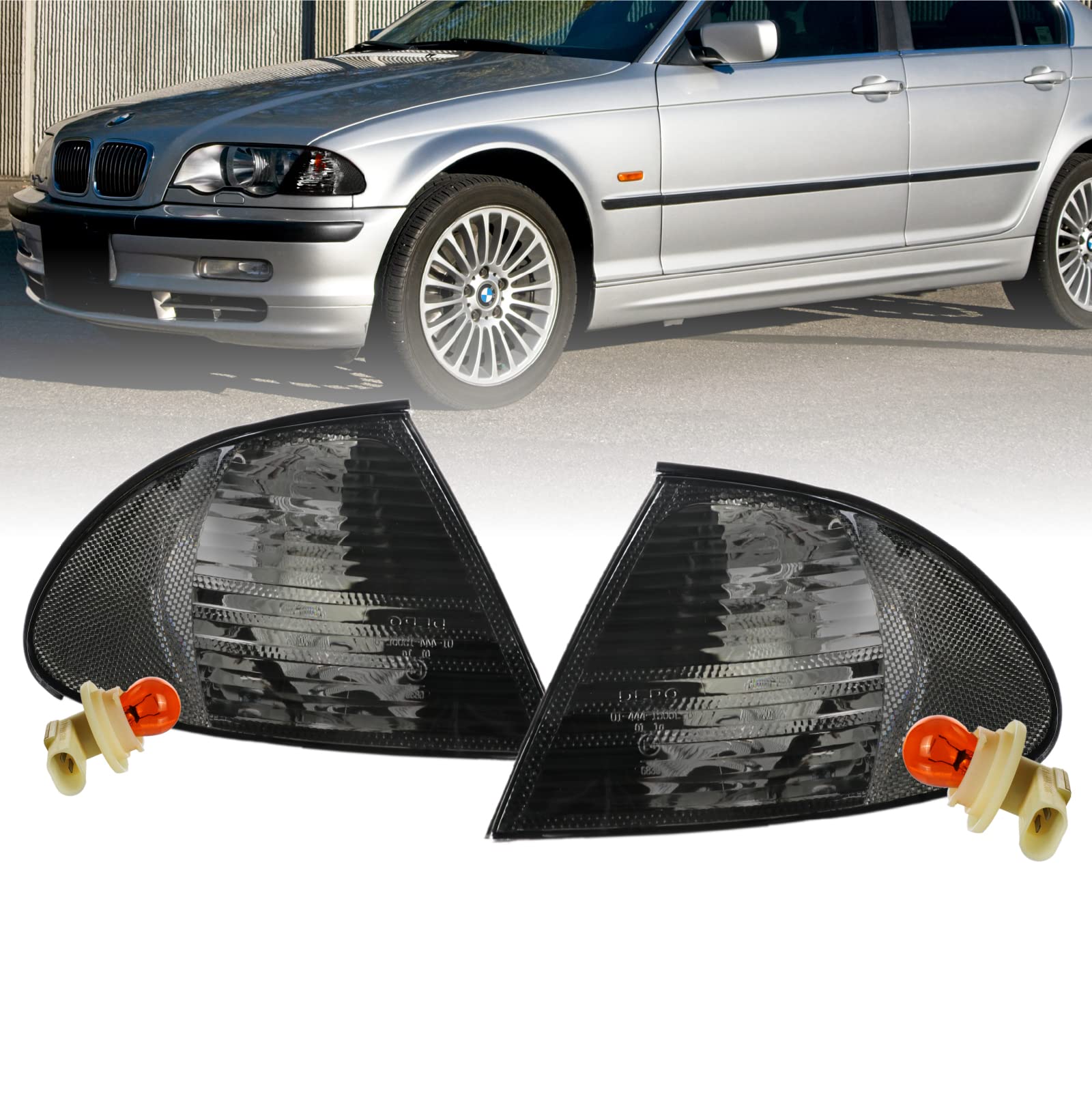 Depo 99-01 E46 4D Cornering Lights - Oe Euro Smoke Corner Turn Signal Lamps Set (Left + Right) Compatible With 1999-2001 Bmw E46 3 Series 4 Doors Sedan And 5 Doors Wagon (Smoked Lens W/ 2 Amber Bulbs)