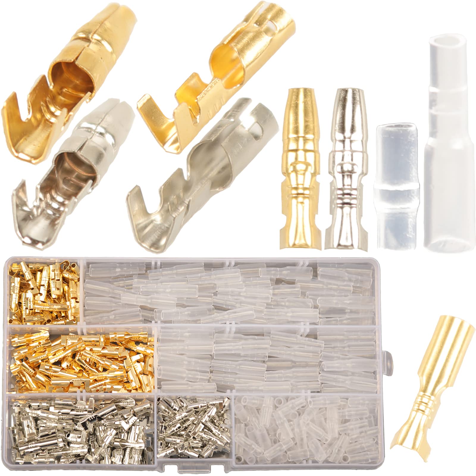 Feggizuli 400Pcs 3.9Mm Bullet Connectors Male And Female, Brass Bullet Terminal Connectors With Insulation Sleeve, Crimp Terminal Connectors Automotive Electrical Connectors Motorcycle Connector Kit