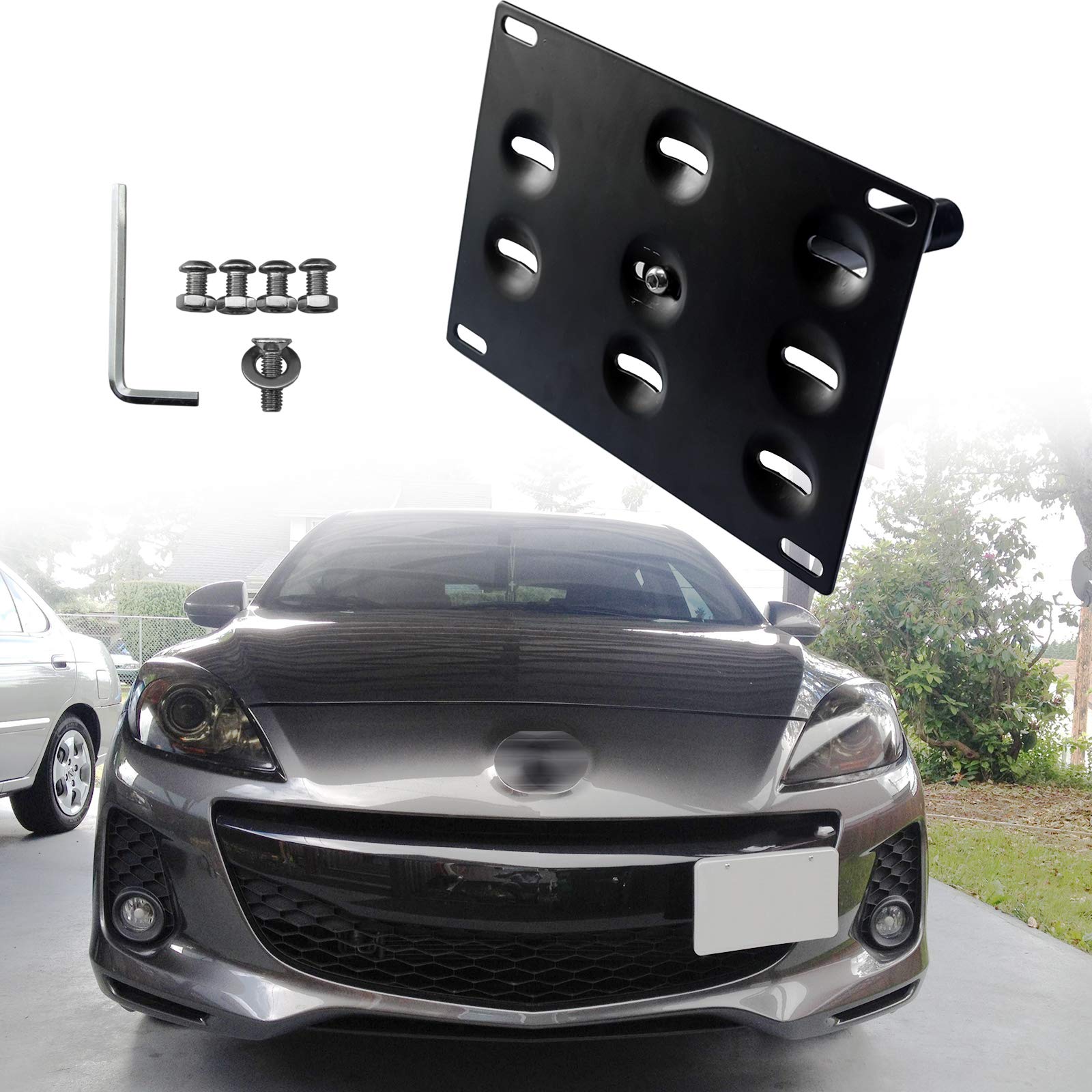Xotic Tech 1 Set No Drill Front Tow Hook License Plate Bumper Mounting Bracket Adapter Kit Compatible With Mazda 3 & 6 2014-Up, Cx-5 2013-Up, Mx-5 Miata 2016-Up, Rx-8 2003-2007 (Black)