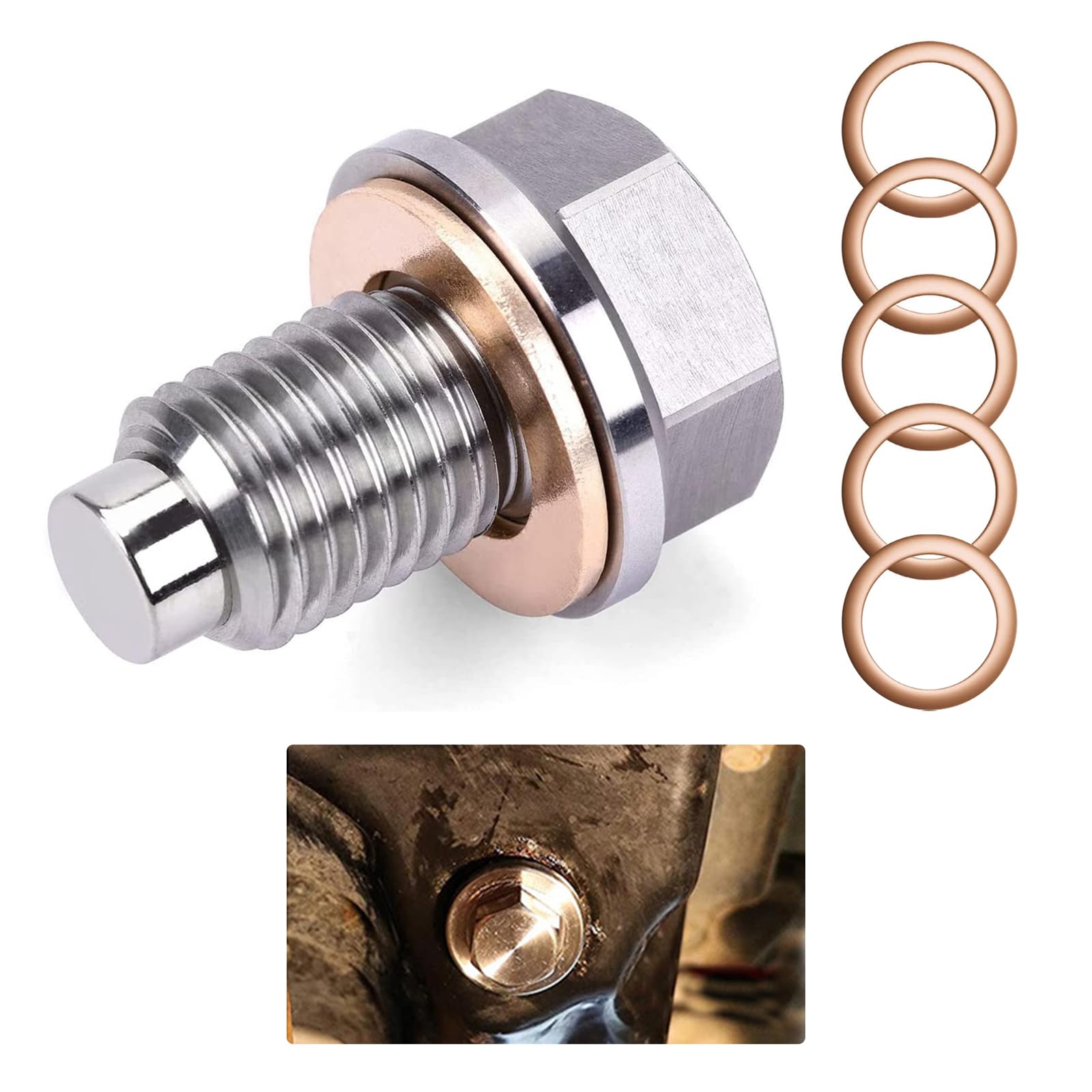 Kewucn Magnetic Oil Drain Plug, M14×1.5 Stainless Steel Oil Drain Plug With 5 Pcs Copper Crush Washer, Aluminum Craft With Red Copper Washer Gaskets, Universal Replacement For Most Car