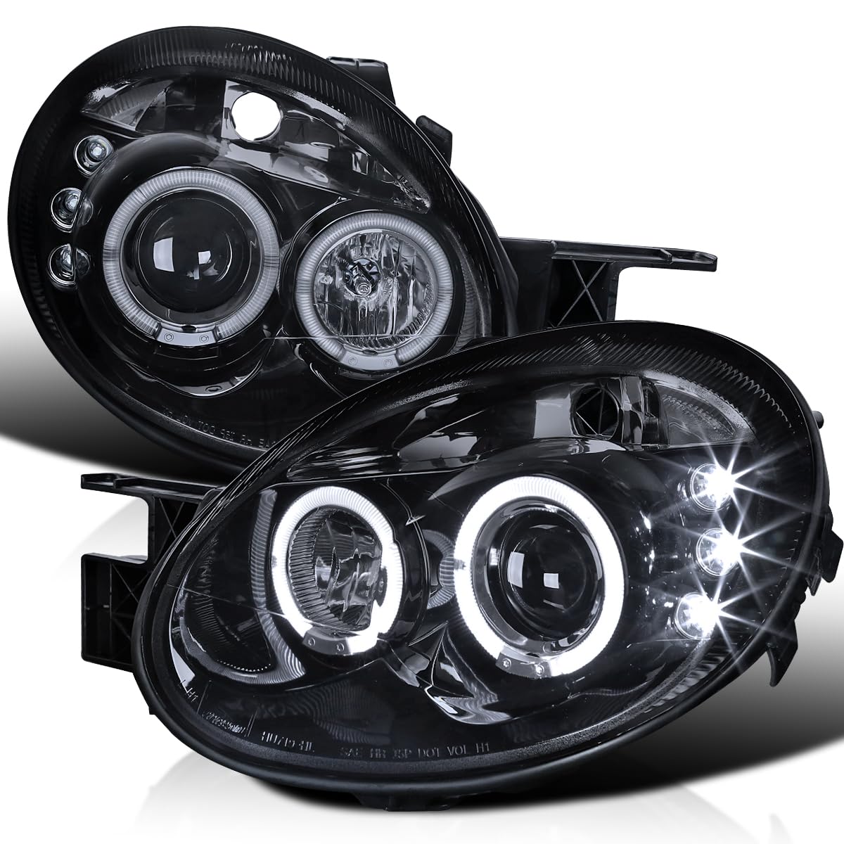Spec-D Tuning Led Dual Halo Projector Smoked Lens Headlights Glossy Black Housing Compatible With 2003-2005 Dodge Neon Left + Right Pair Headlamps Assembly