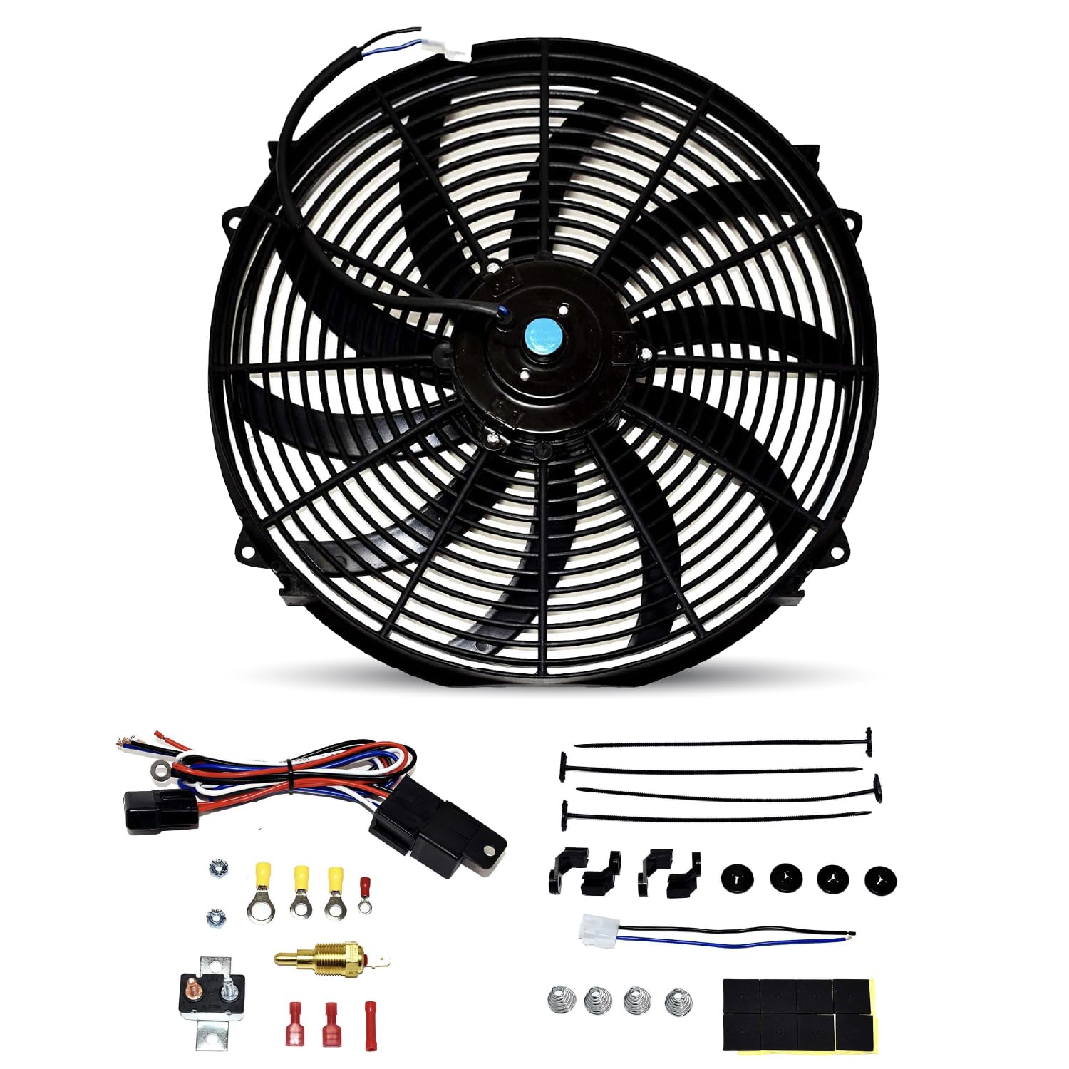 A-Team Performance - 16' Electric Radiator Cooling Fan With Wide S-Curved 10 Blades - Thermostat Kit 3000 Cfm Reversible Push Or Pull With Mounting Kit (12 Volts)
