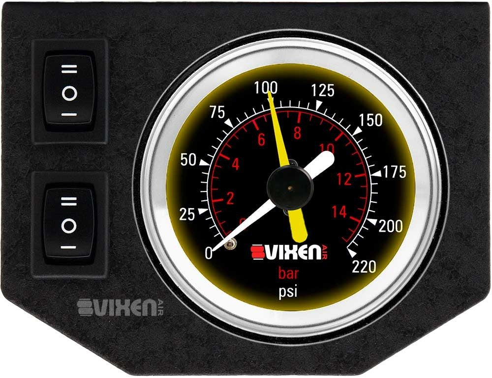 Vixen Air One 2' Dual Needle Air Pressure Black Gauge With Two Momentary Switches And Metal Dash Panel Kit Vxf1Gp2Rkb