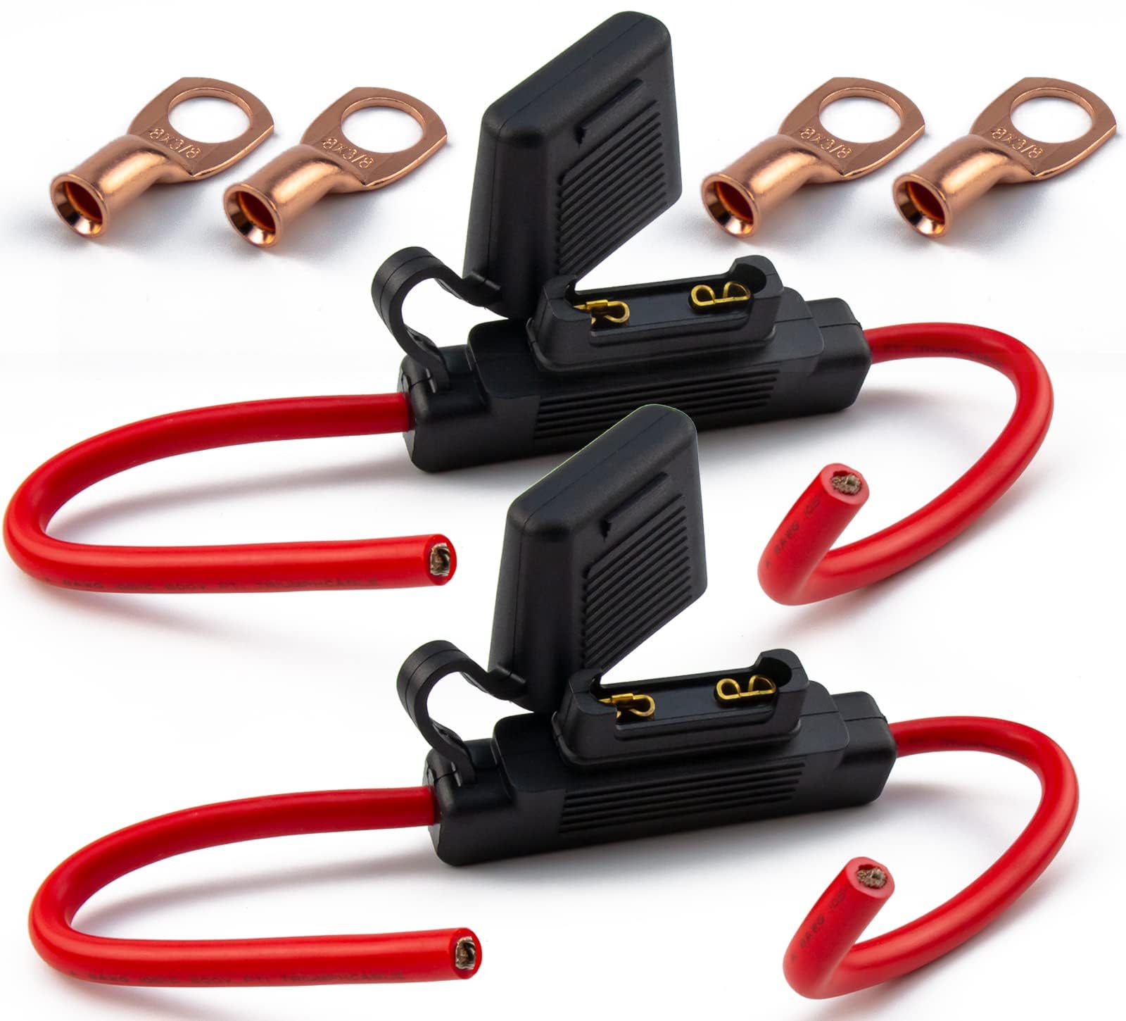 Vansiho 2Pcs Black In-Line 8 Gauge Awg Waterproof Fuse Holder For Maxi Fuse With 4Pcs Ul Wire Lugs 8 Awg 3/8 Inch Copper Stud Ring Terminals (8Awg)