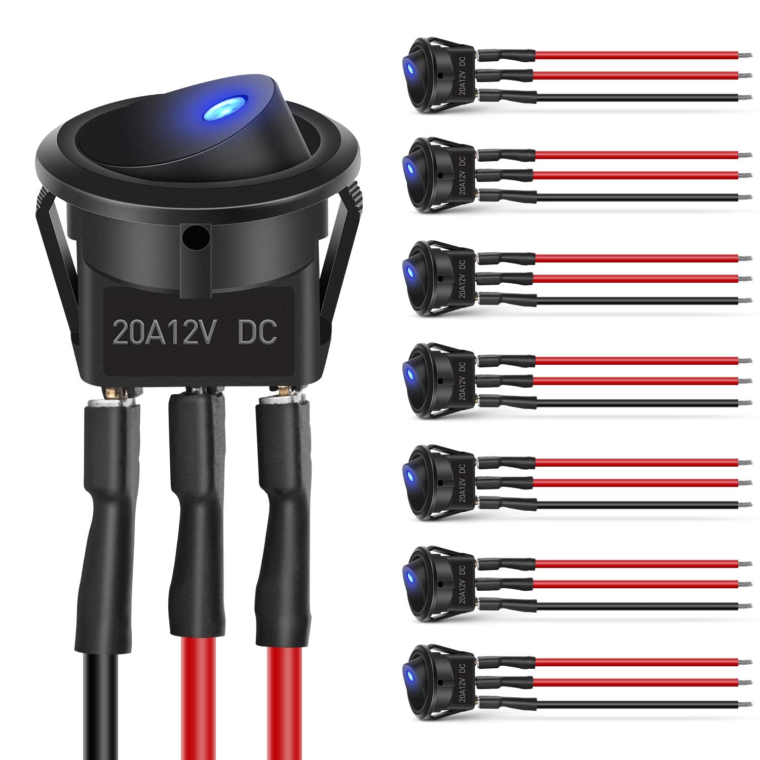 Nilight 8Pcs 12V 20A Round Blue Toggle Led Rocker Switch On-Off Control Spst 3Pins For 12V Car Truck Boat Marine Off-Road Vehicle With 24Pcs Wires,2 Years Warranty