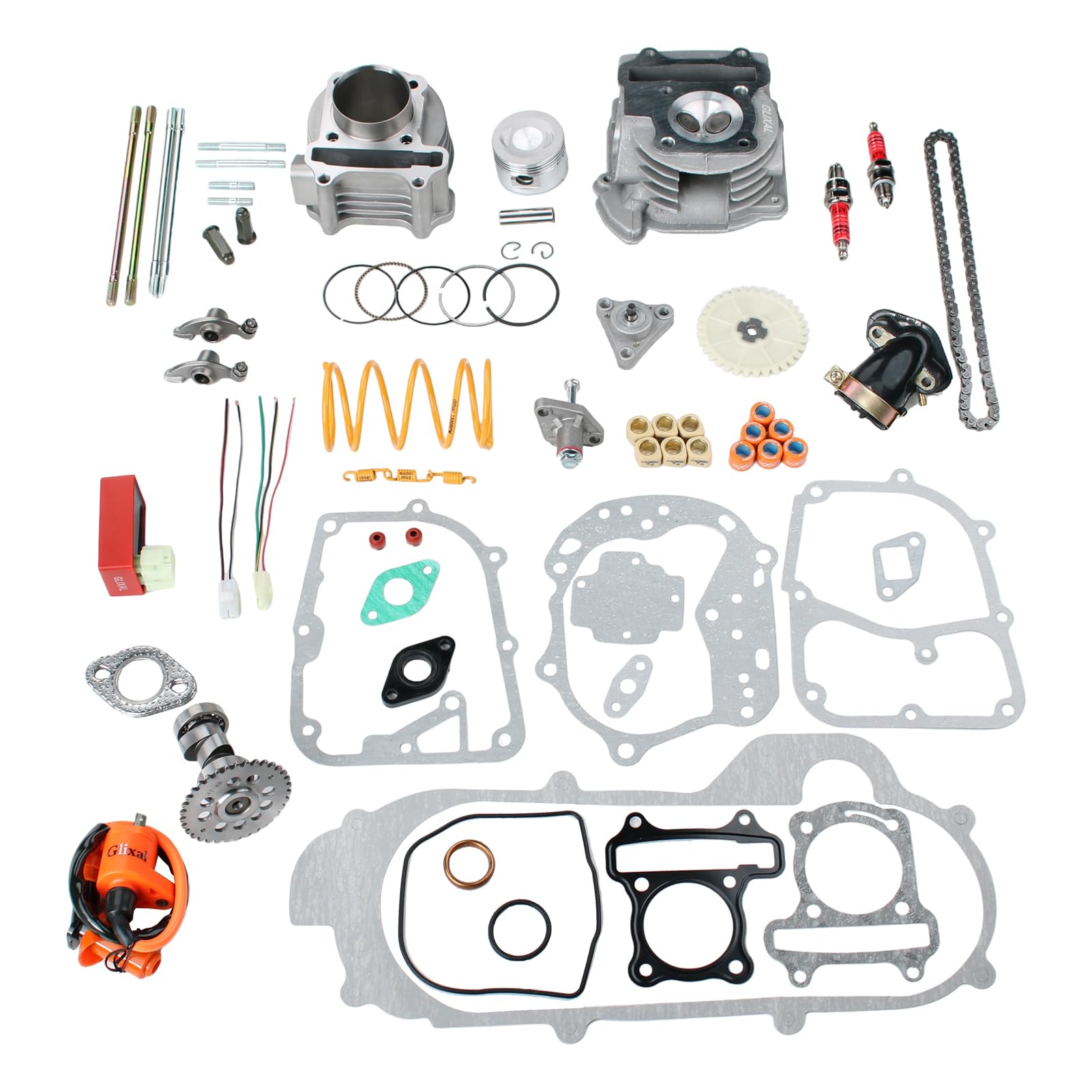 Glixal Gy6 100Cc 50Mm Complete Big Bore Cylinder Rebuild Kit With Performance Big Valve Cylinder Head Assy For 139Qmb 139Qma 147Qmd Engine Scooter Moped Atv Go-Kart (69Mm-18.5/20.5Mm Larger Valves)