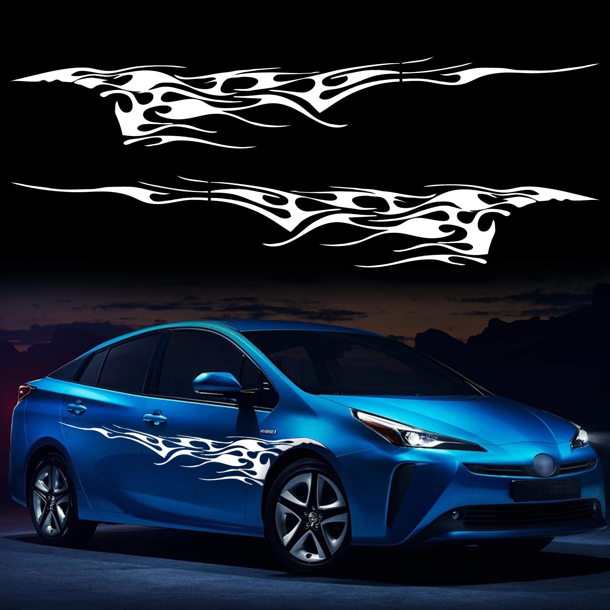 Tomall 2Pcs 102.7'' Flame Graphics Car Body Side Sticker Flame Racing Sports Stripe Decal For Car Universal Vinyl Self-Adhesive Decal Decoration Accessories For Truck Suv Off-Road Vehicles (White)