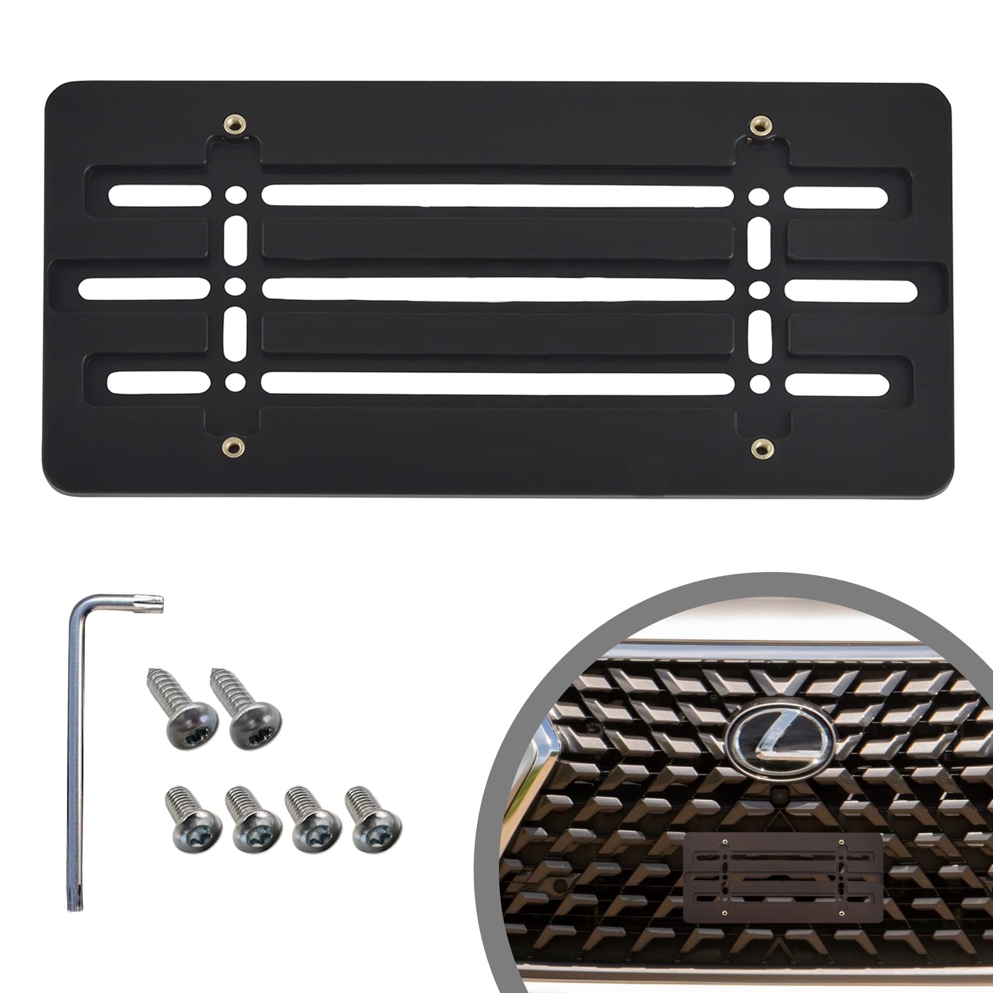 Front Bumper License Plate Bracket For Lexus 2000-2023, Plate Holder Set W 6 Unique Screw Bolts & Wrench Kit, License Tag Mounting Kit, Quality Plate Holders, Premium Car Accessories