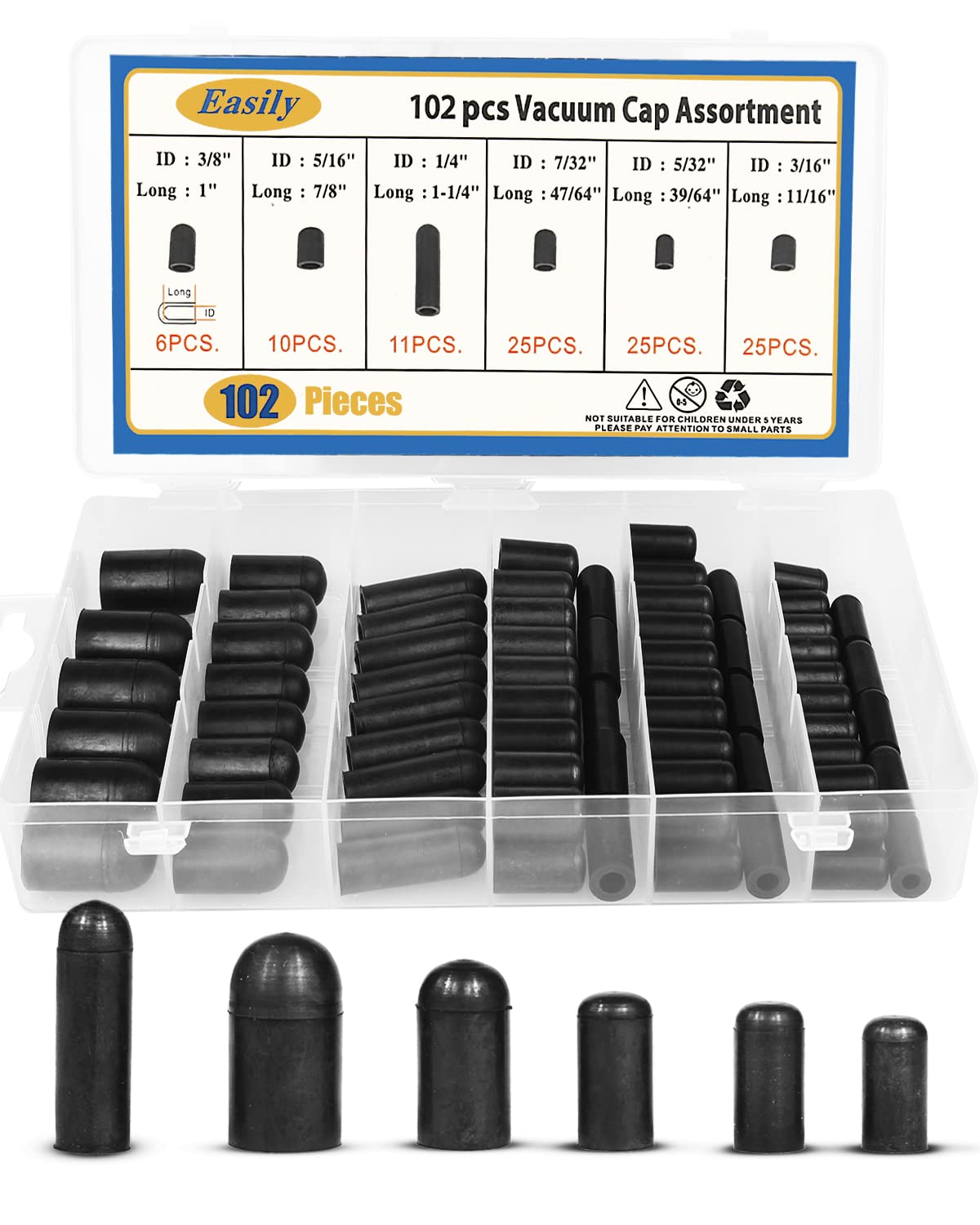Easily Rubber Vacuum Caps Plug Kit - 102 PCS Assorted Hose End Caps for Carburetor & Automotive - Black, 3/16 to 3/8 Sizes