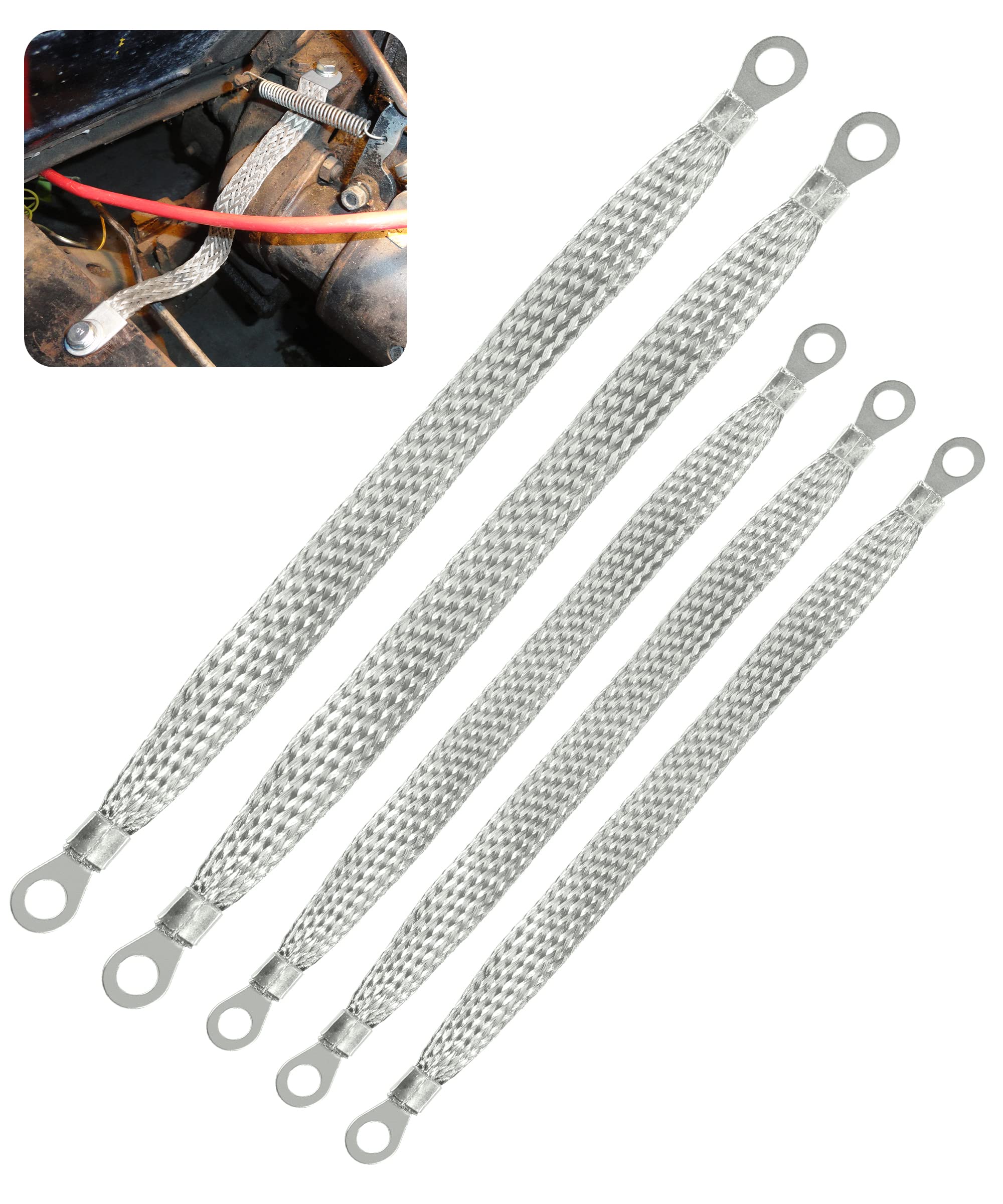 Zlirfy Automotive Ground Strap Kit,Universal Flat Braided Copper Ground Strap,3Pcs 10' X 1/2' And 2Pcs 13' X 1/2' Car Ground Cable Straps Braided,Automotive Engine Copper Ground Strap