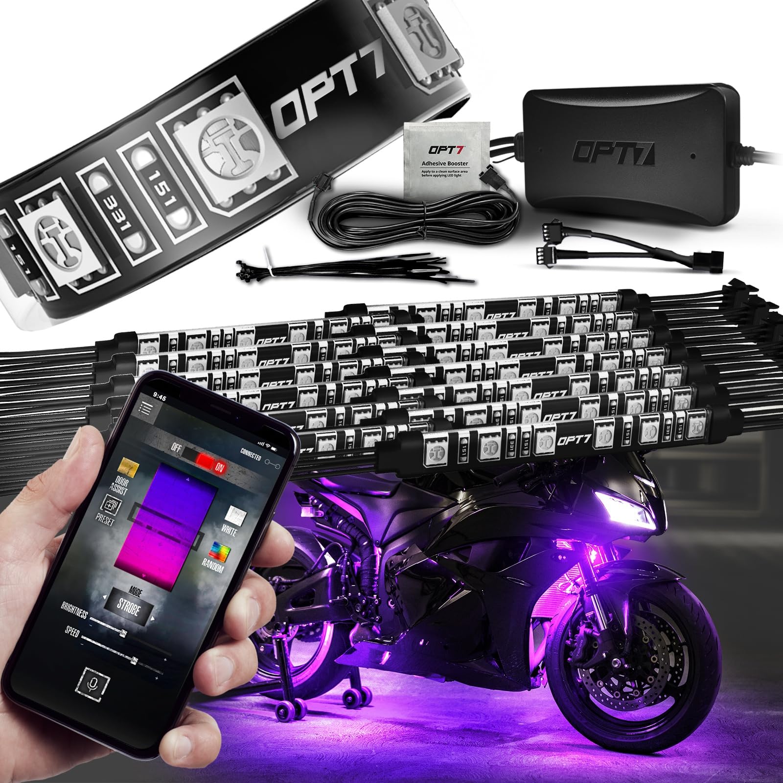Opt7 Aura Pro Motorcycle Led Light Kit Smart Brake, Rgb Multi-Color Bike Underglow Neon Light Bluetooth App, Motorcycle Under Glow Strips Switch For Cruisers, 14Pc, Ip67 Waterproof 12V, Ios Android