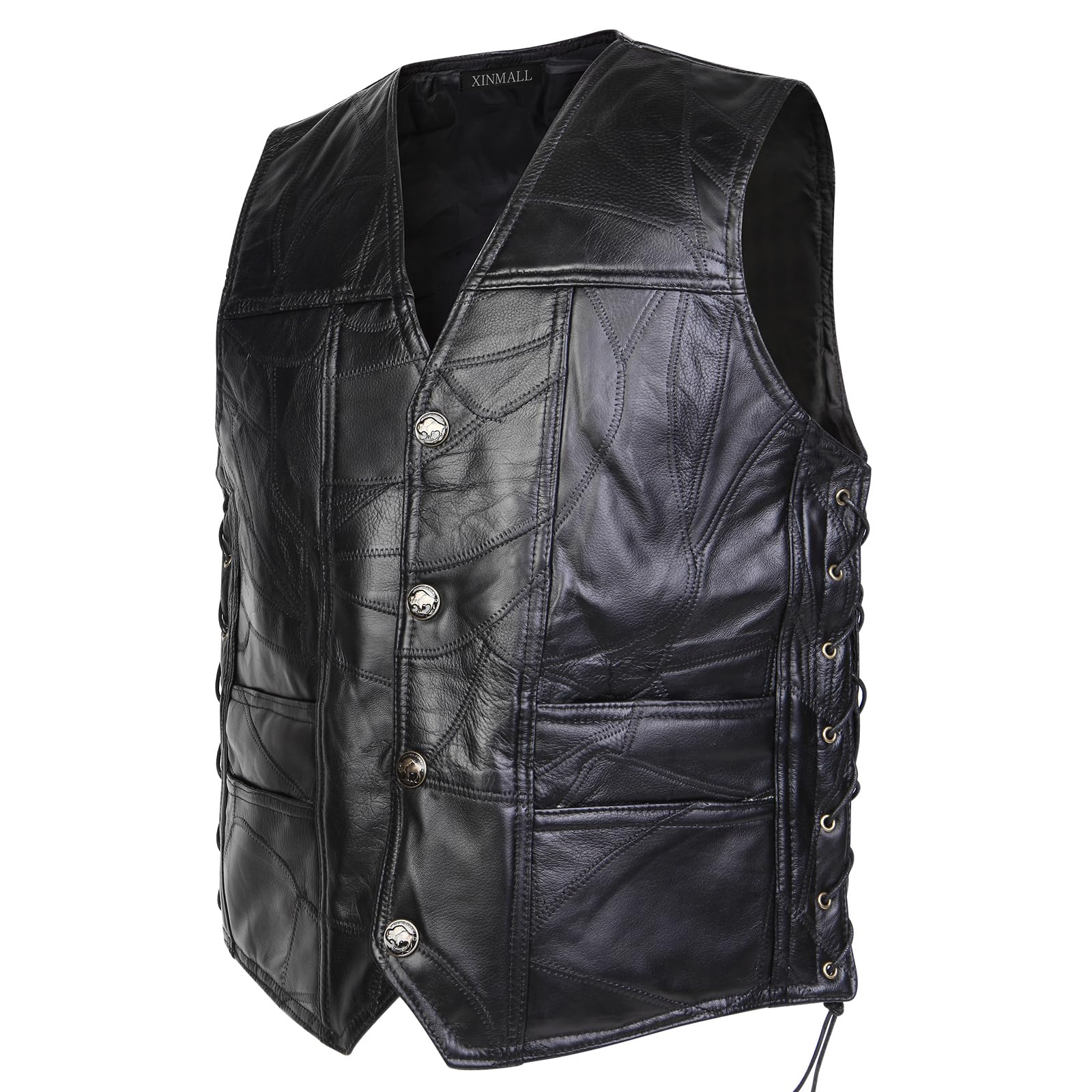 Xinmall Motorcycle Genuine Leather Biker Vest For Men Club Style Classic Black (As1, Alpha, Jaspo_L, Large)