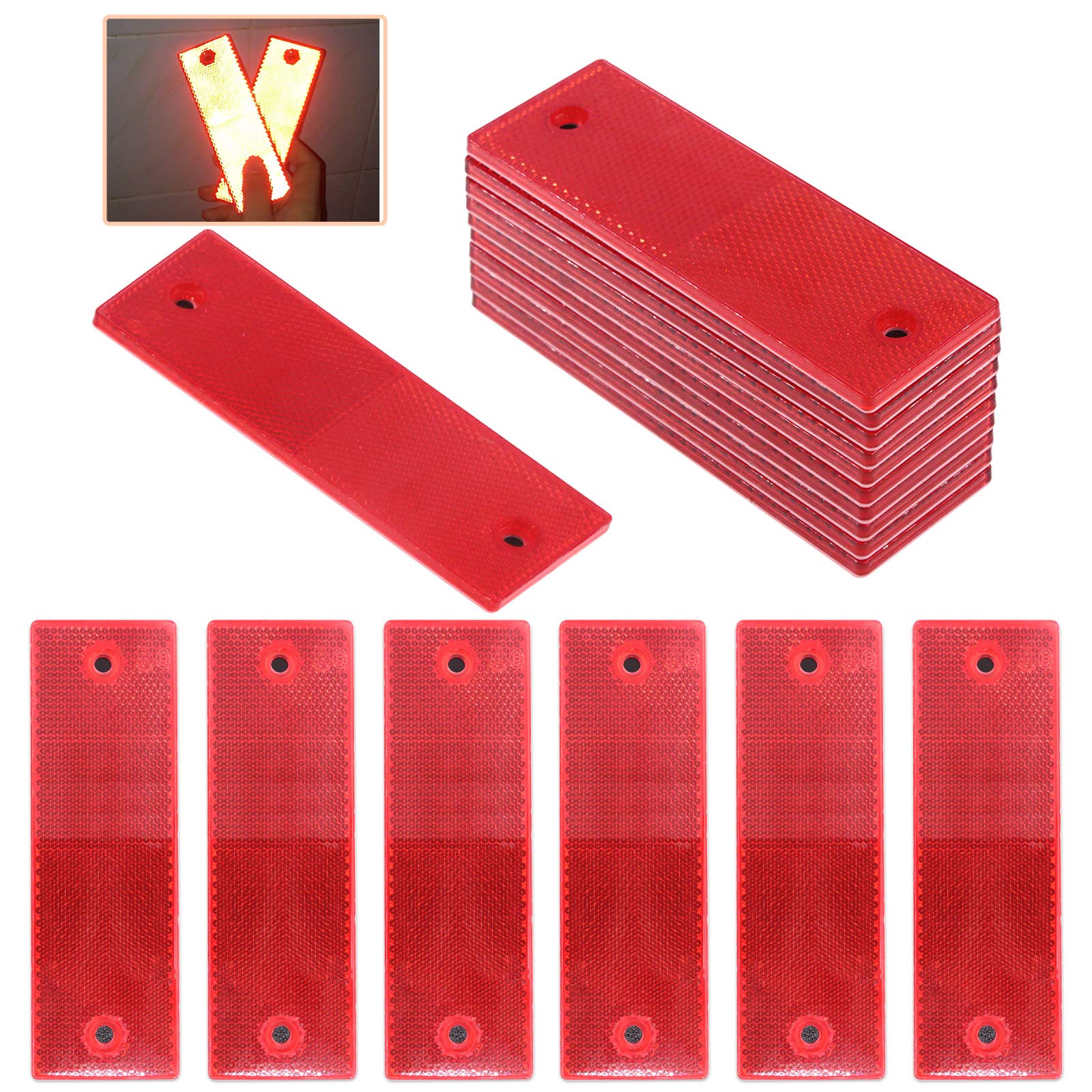 Rustark 20 Pcs Red Plastic Rectangular Stick-On Car Reflector Sticker Waterproof Reflector Tape Self-Adhesive Conspicuity Safety Warning Tapes For Truck Trailer Pickup