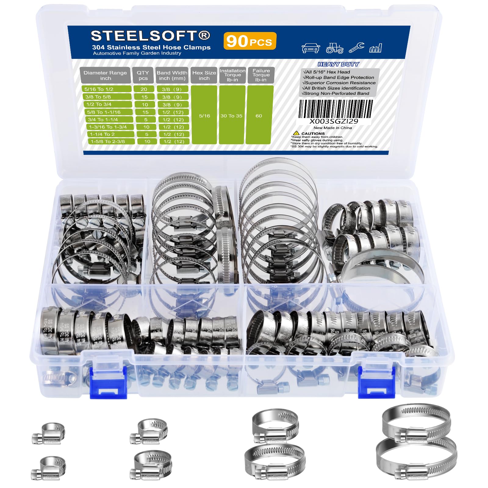 Steelsoft Heavy Duty Worm Gear Hose Clamp Assortment Kit 5/16 To 2-3/8'(8-60Mm) Large Rack 90Pcs, All 5/16'Hex, Adjustable Hose Clamps Stainless Steel,Automotive Radiator/Fuel Line/Heater/Garden/Pool