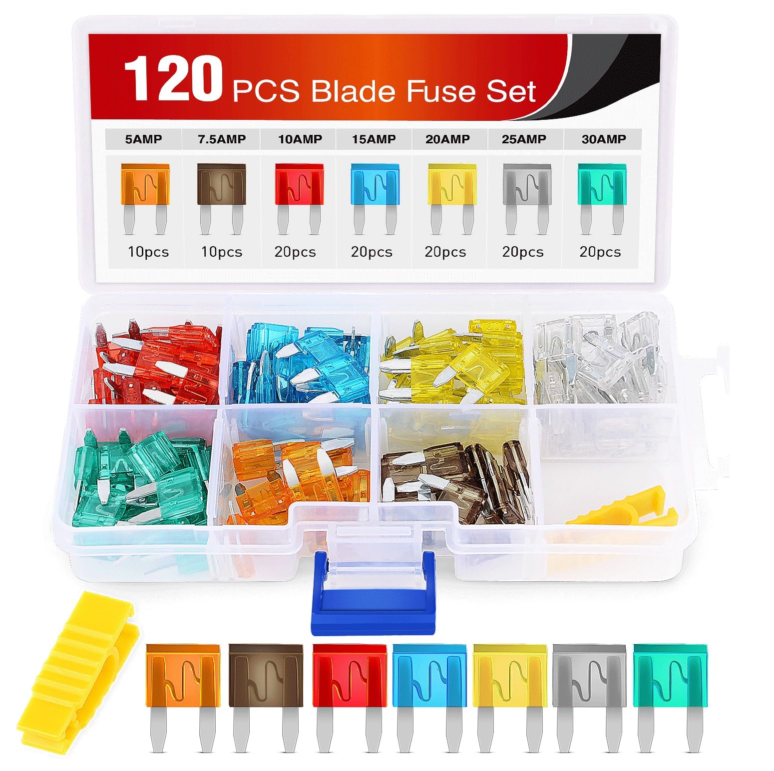Nilight 120Pcs Blade Fuses Assortment 5, 7.5, 10, 15, 20, 25, 30 Amp Regular Mini Atm/Apm Blade Fuses For Cars Trucks Boats Automotives, 2 Years Warranty, Multicolor