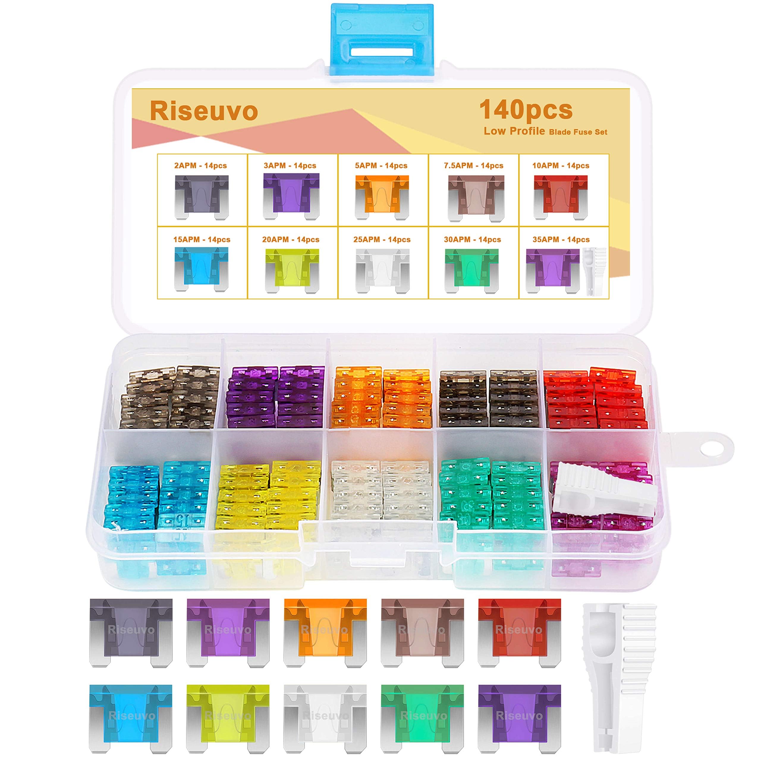 140 Pcs Low Profile Mini Blade Fuses - Riseuvo Car Automotive Low Profile Fuses With Puller Tool (2 3 5 7.5 10 15 20 25 30 35 Amp)
